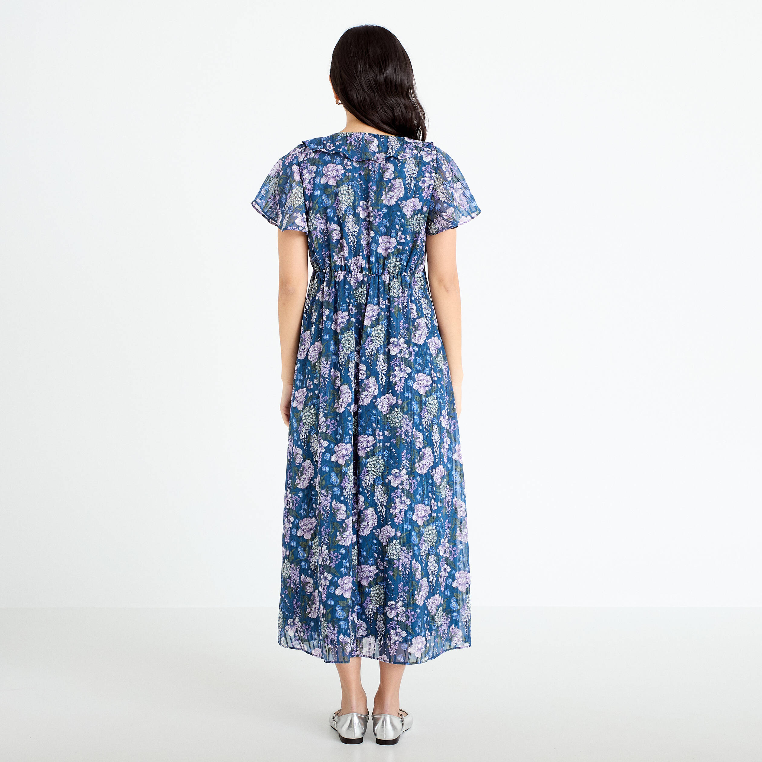Robe longue &eacute;vas&eacute;e Bridgerton bleu marine femme