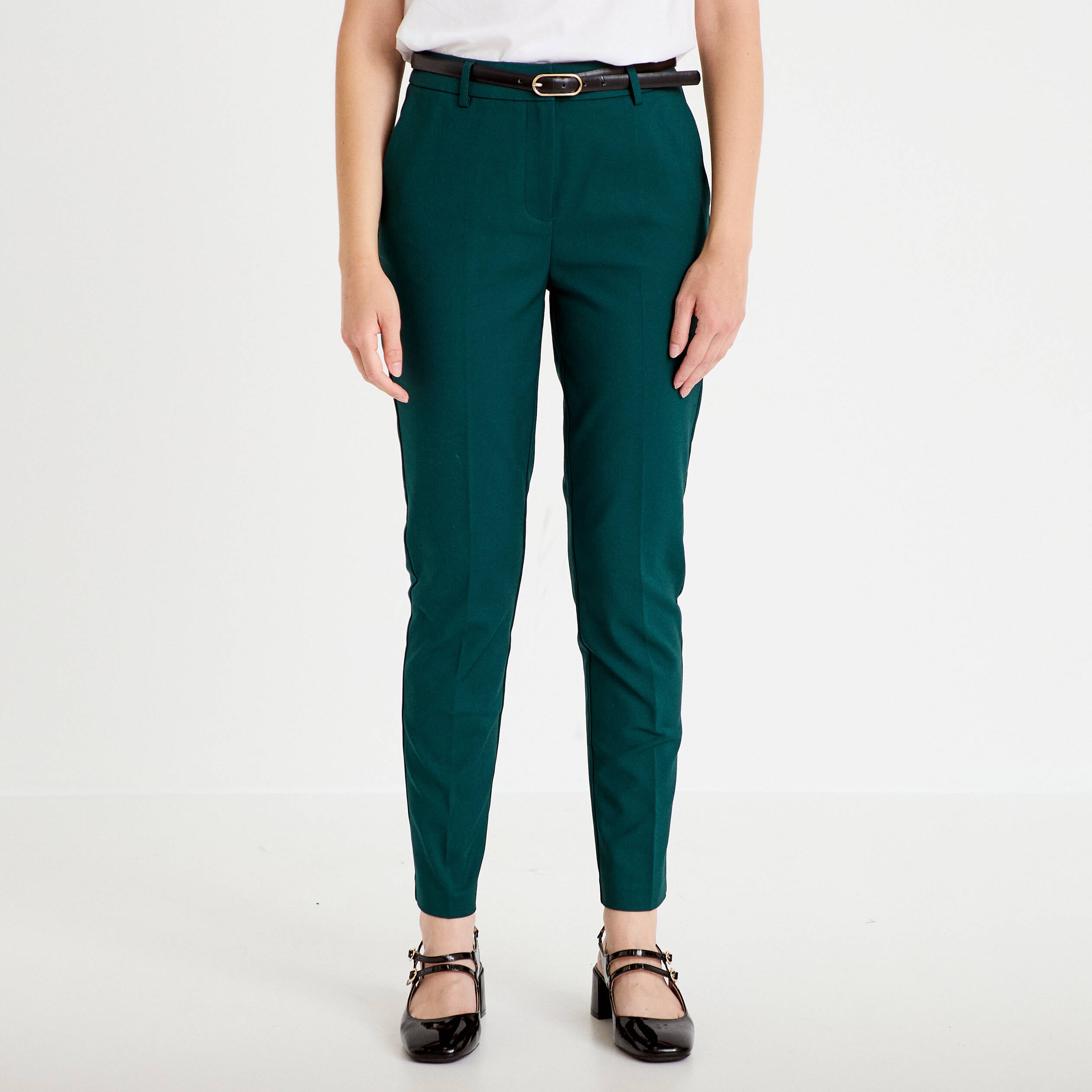 Pantalon cigarette ceintur&eacute; vert fonc&eacute; femme