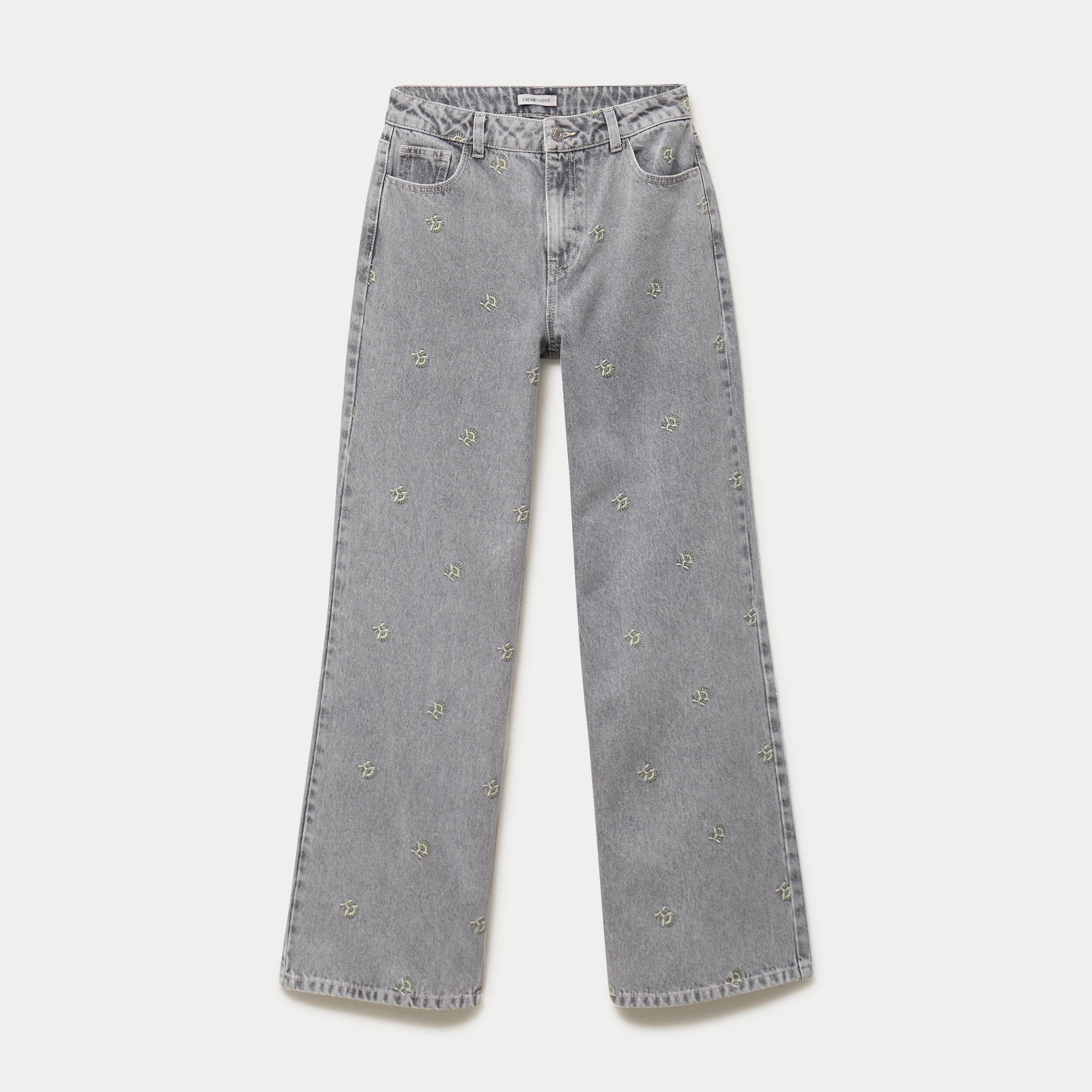 Jean wide leg taille haute brod&eacute; denim gris femme