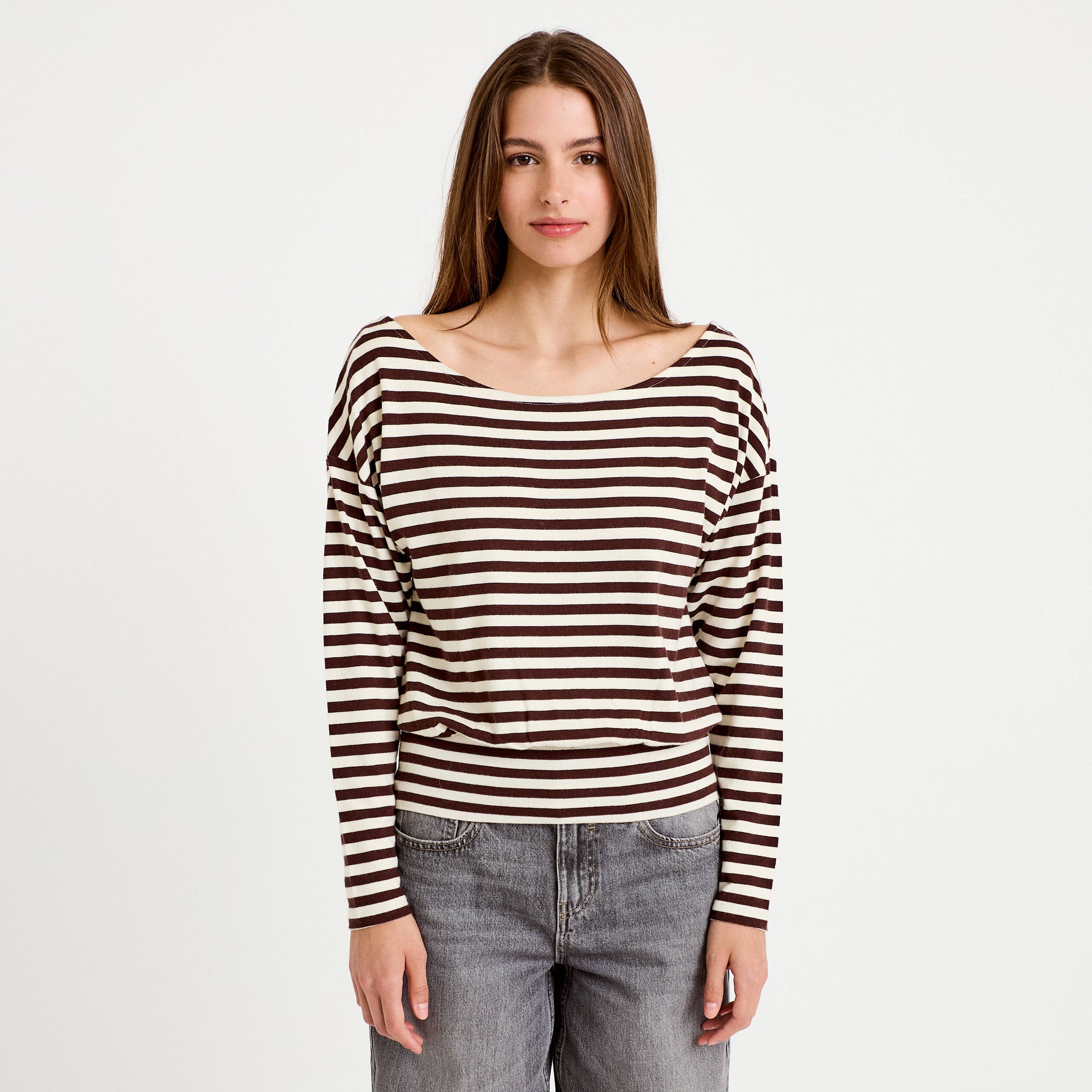 T-shirt col bateau manches longues blanc femme