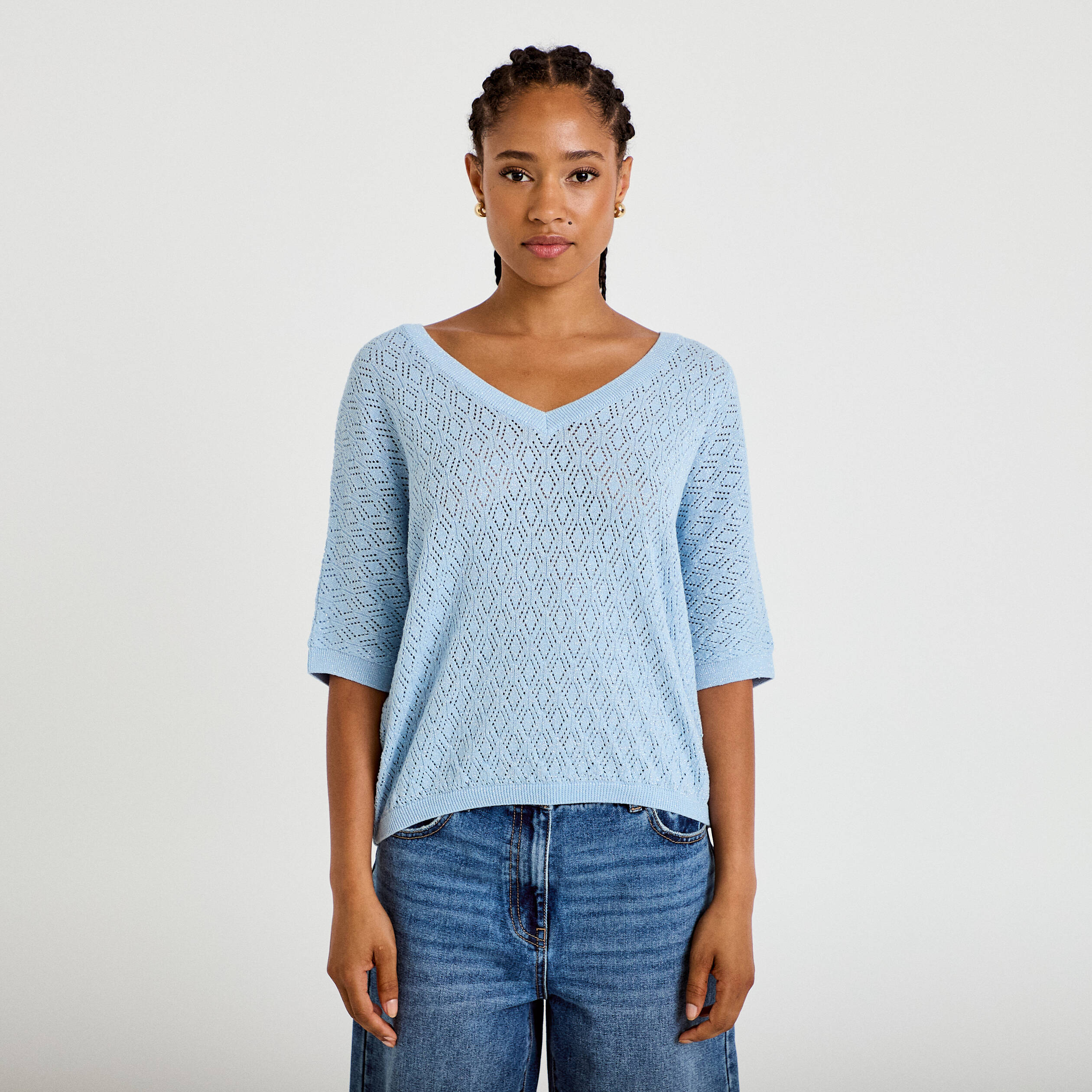 Pull ajour&eacute; col v manches courtes bleu ciel femme