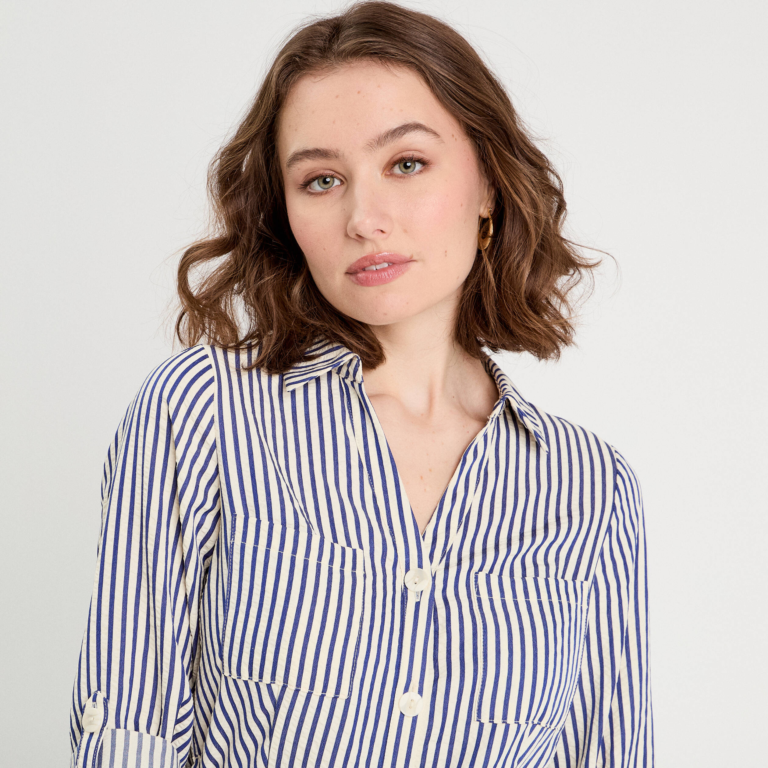 Robe longue chemise ceintur&eacute;e bleu marine femme