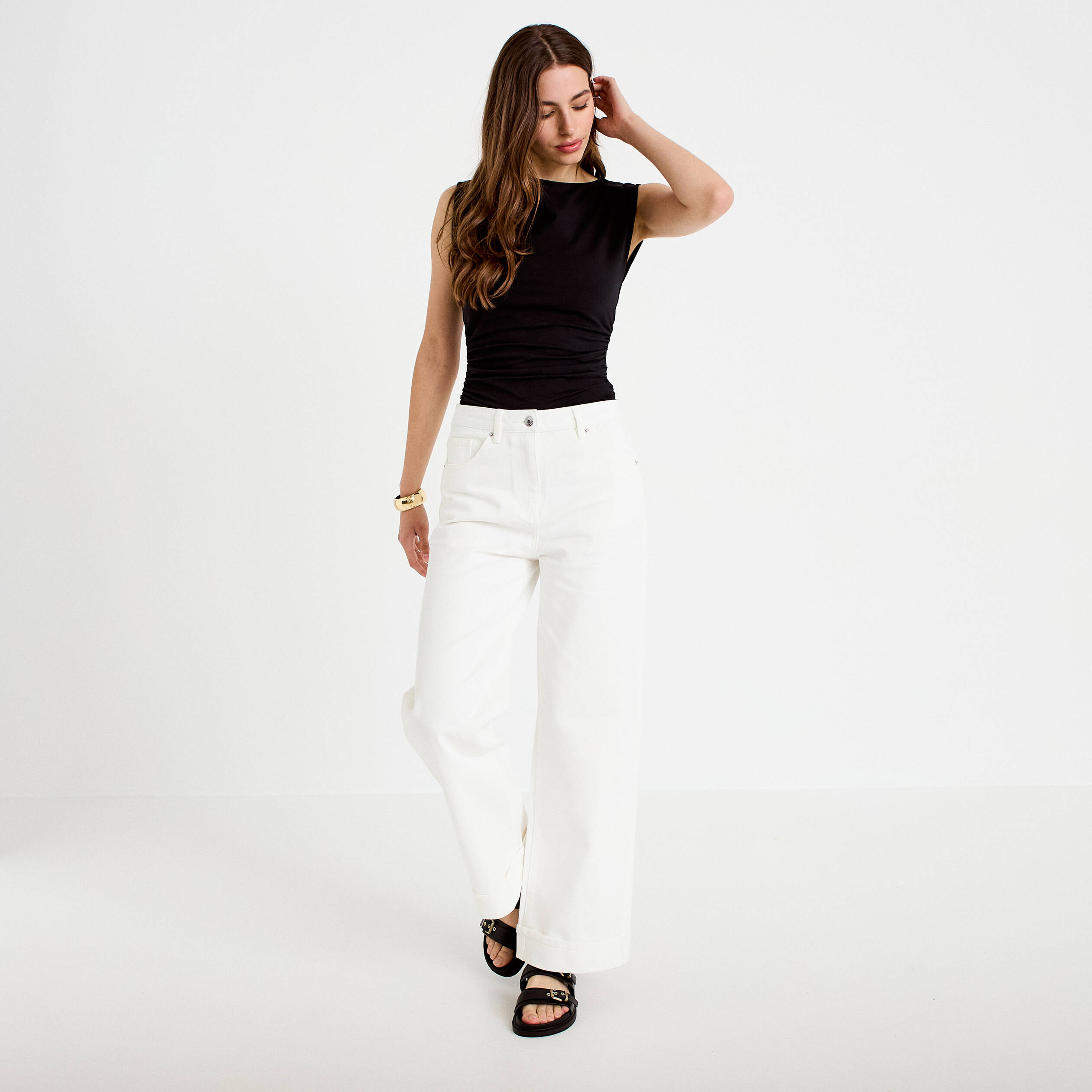 Jean wide leg taille haute ecru femme