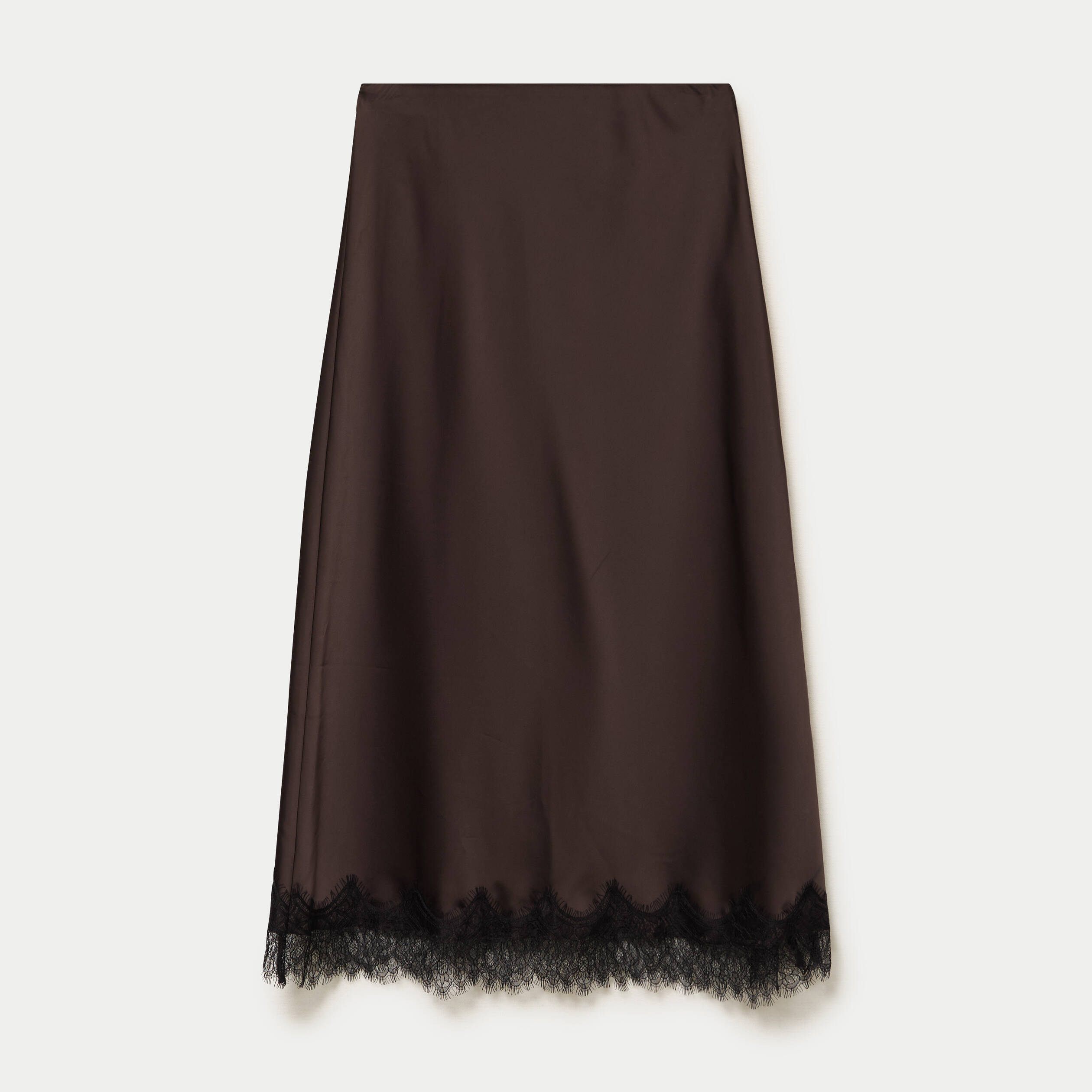 Jupe droite 3/4 d&eacute;tail dentelle marron fonc&eacute; femme