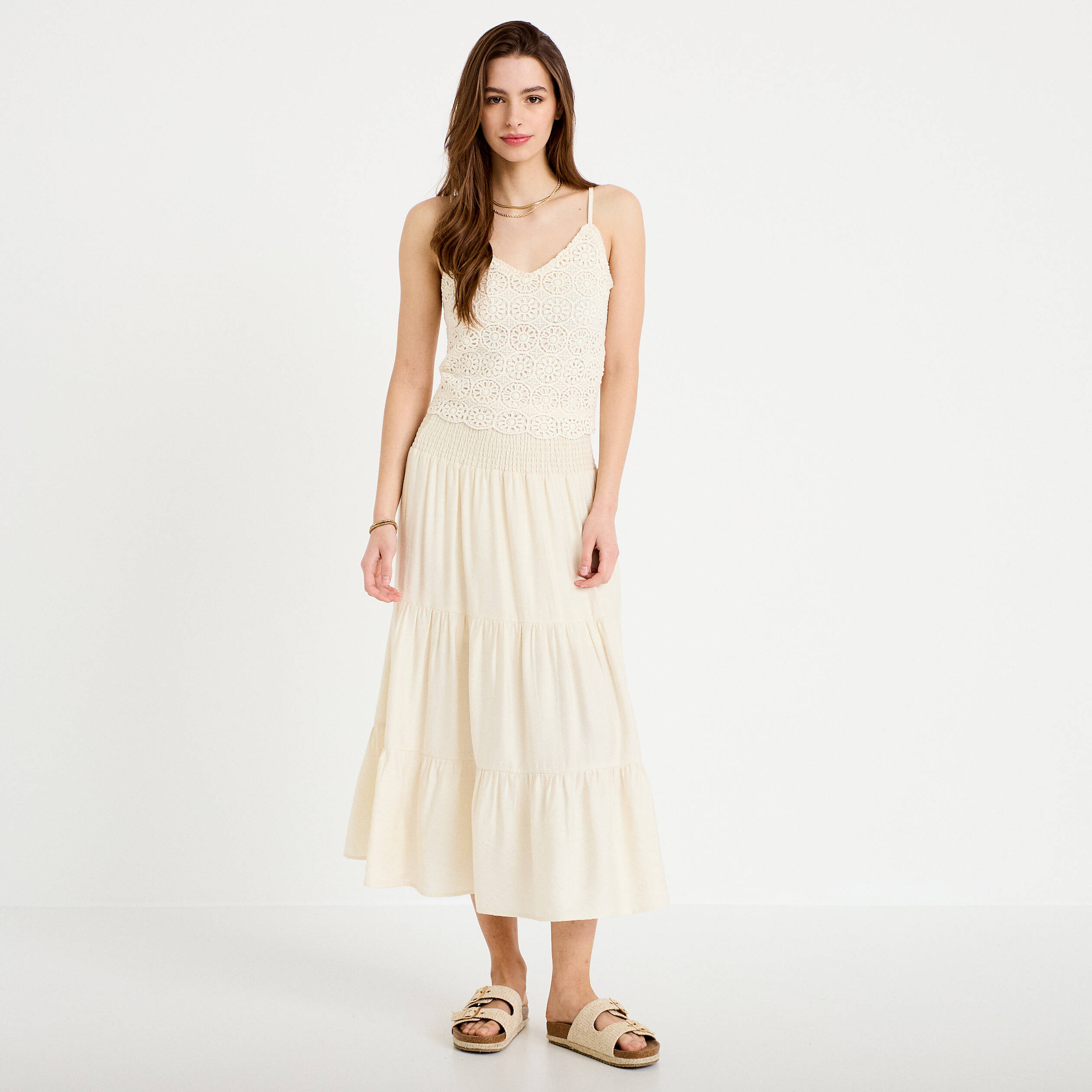 Jupon &eacute;vas&eacute; taille haute ecru femme