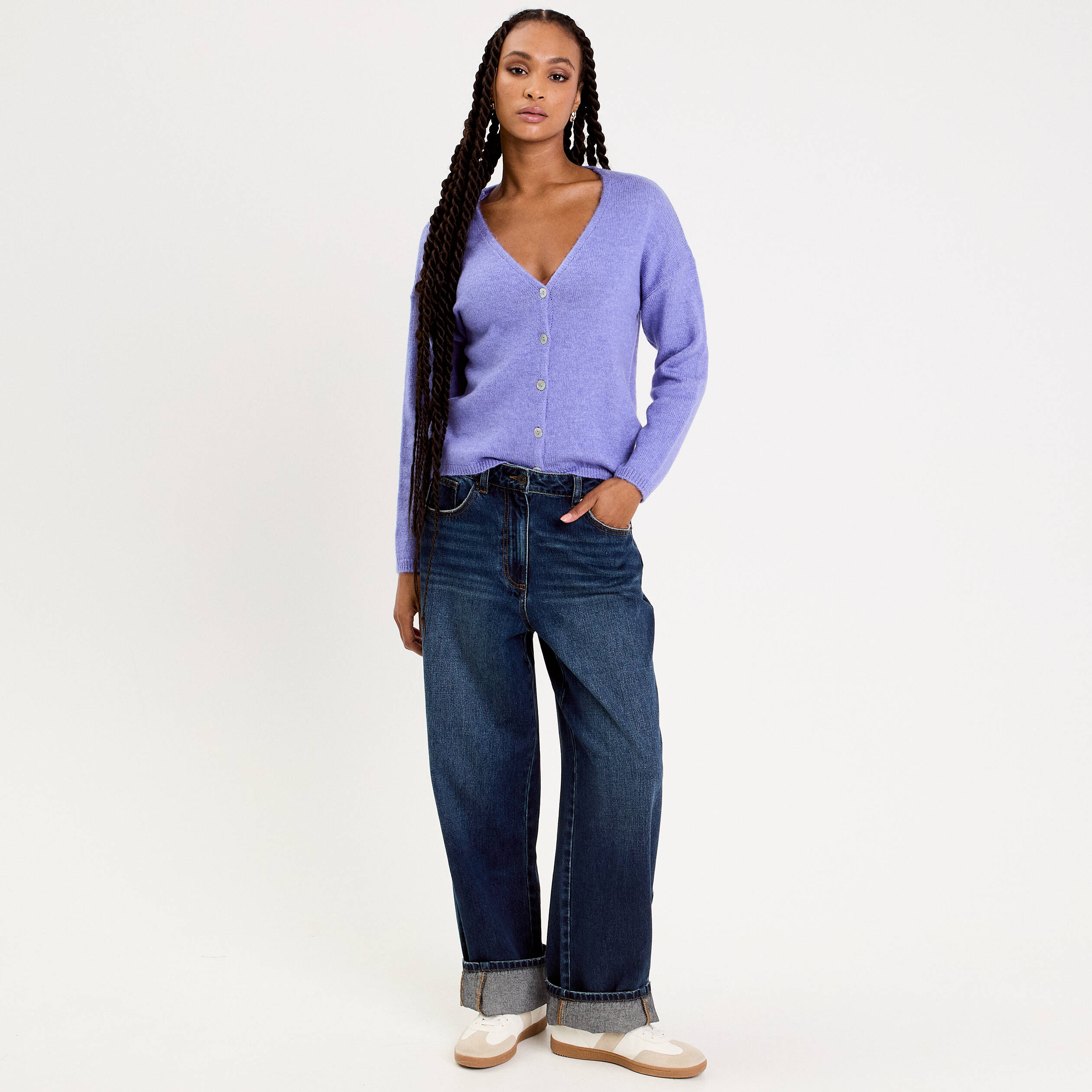 Gilet boutonn&eacute; avec col en V bleu violet femme