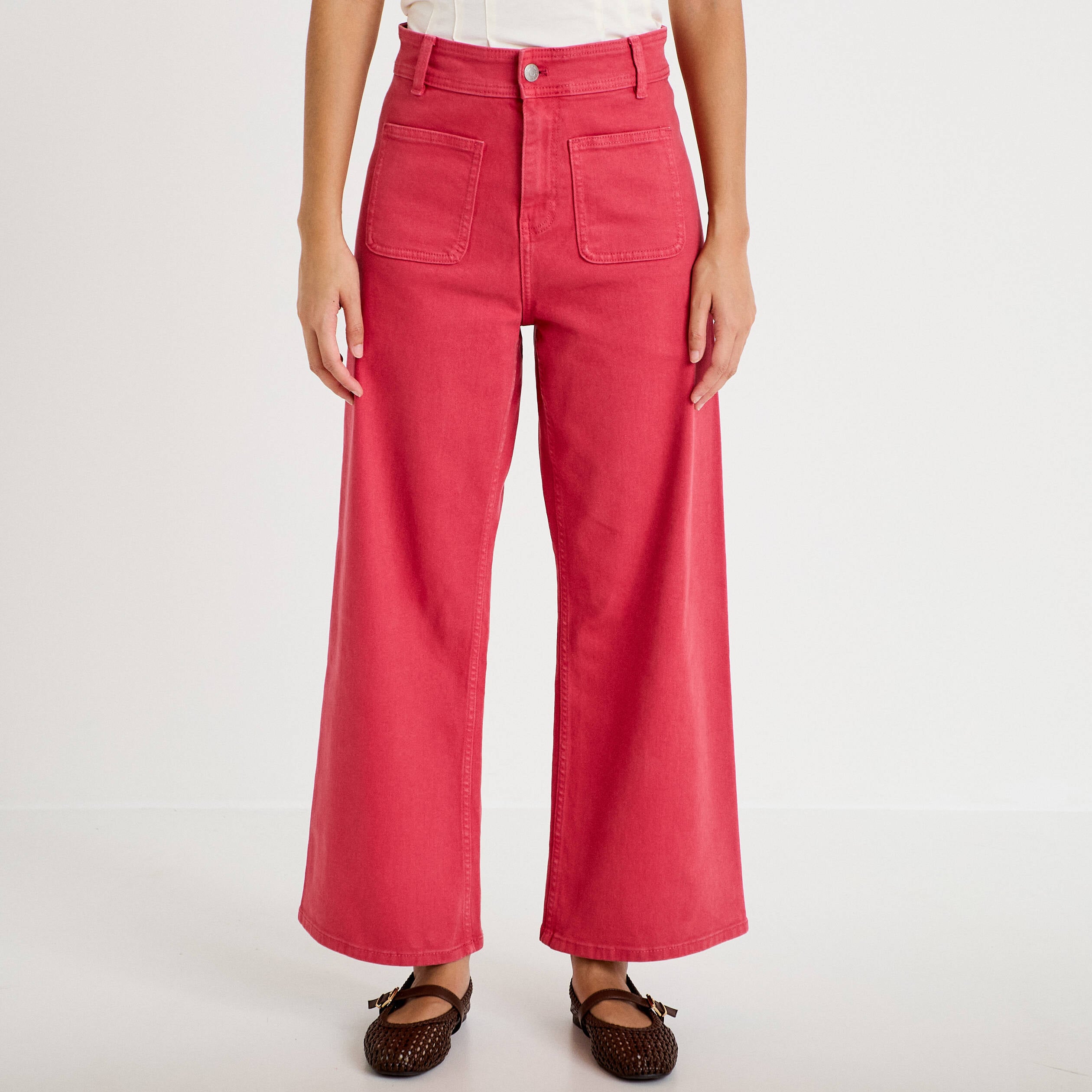 Jean wide leg cropped taille haute rose framboise femme