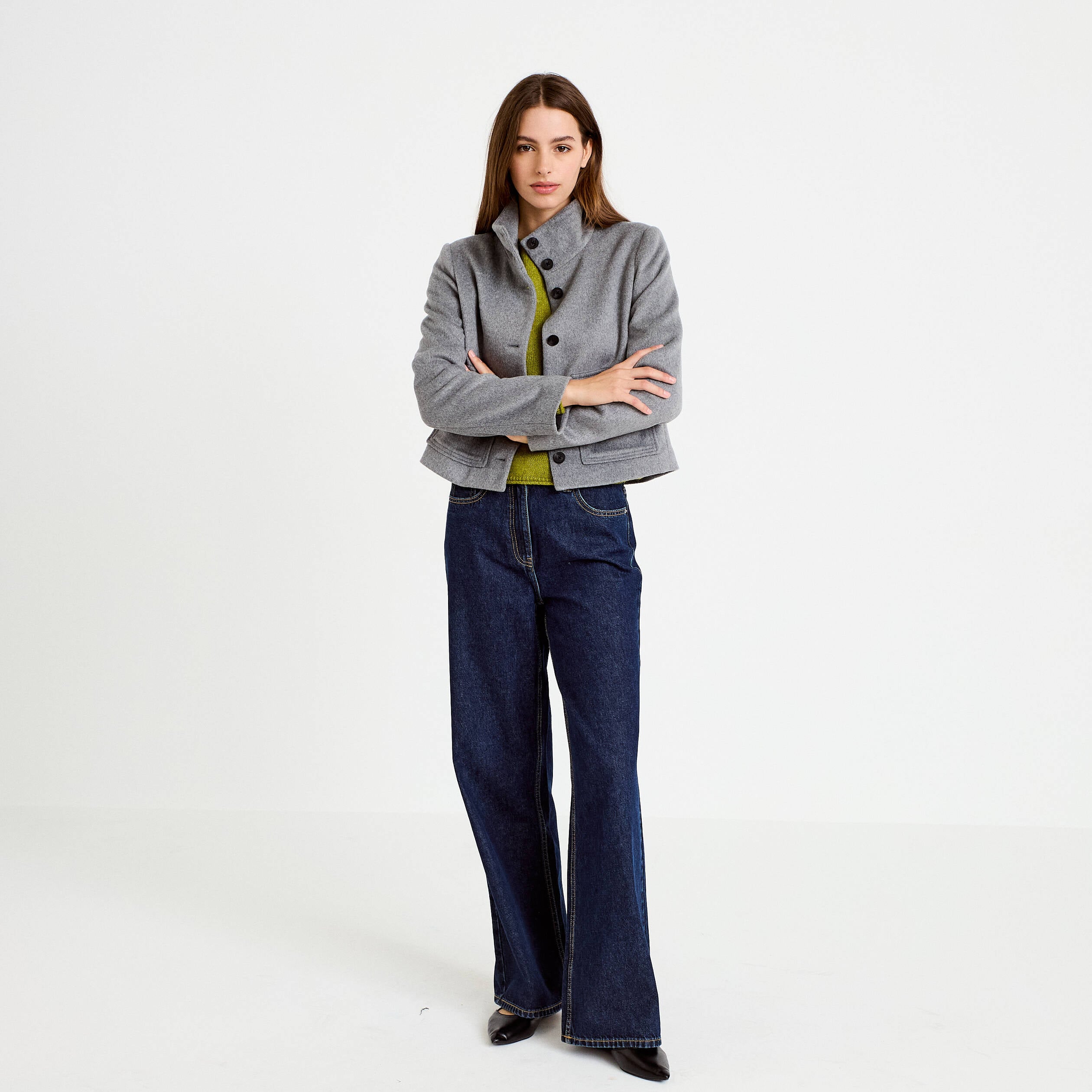Veste courte aspect laineux gris femme