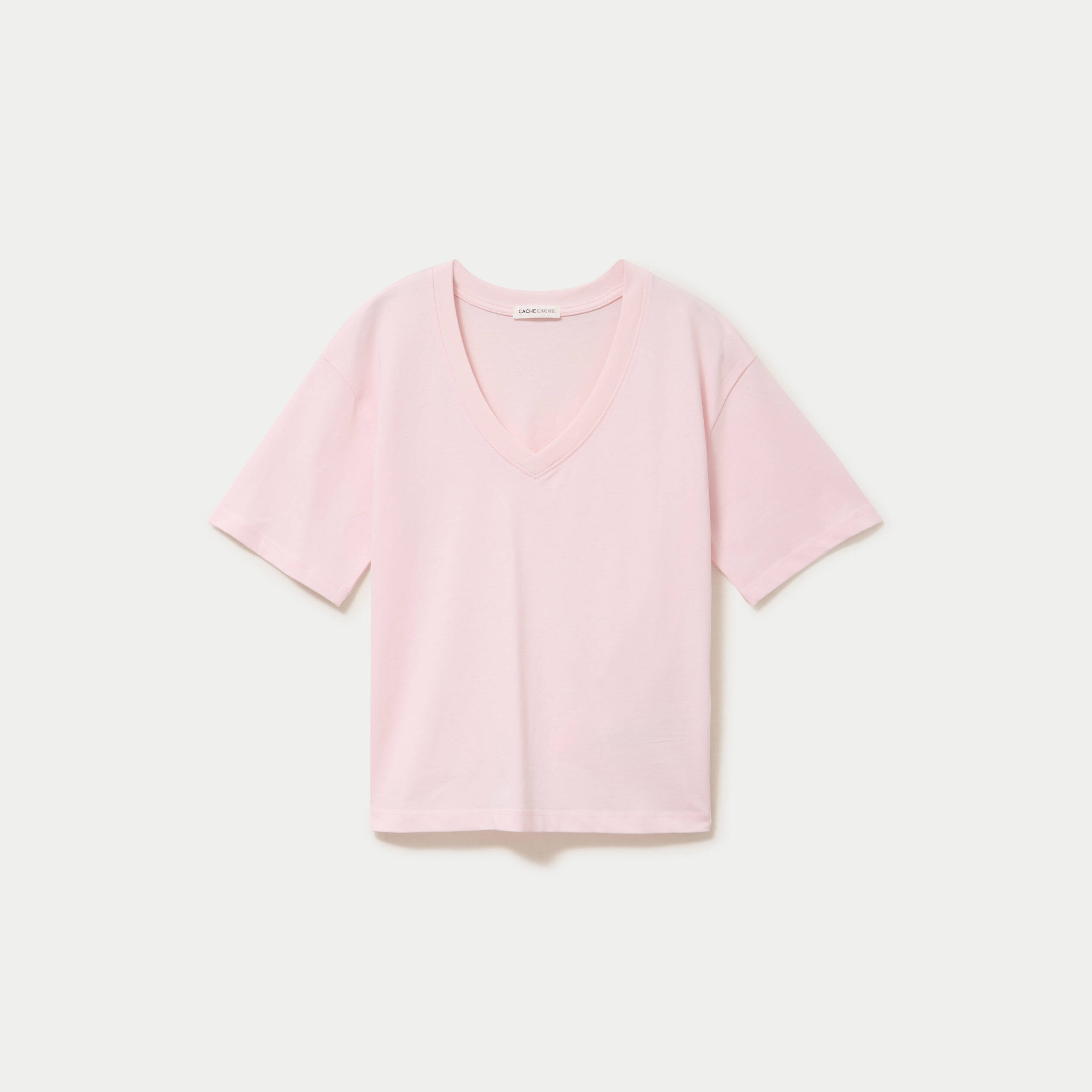 T-shirt col v manches courtes rose clair femme
