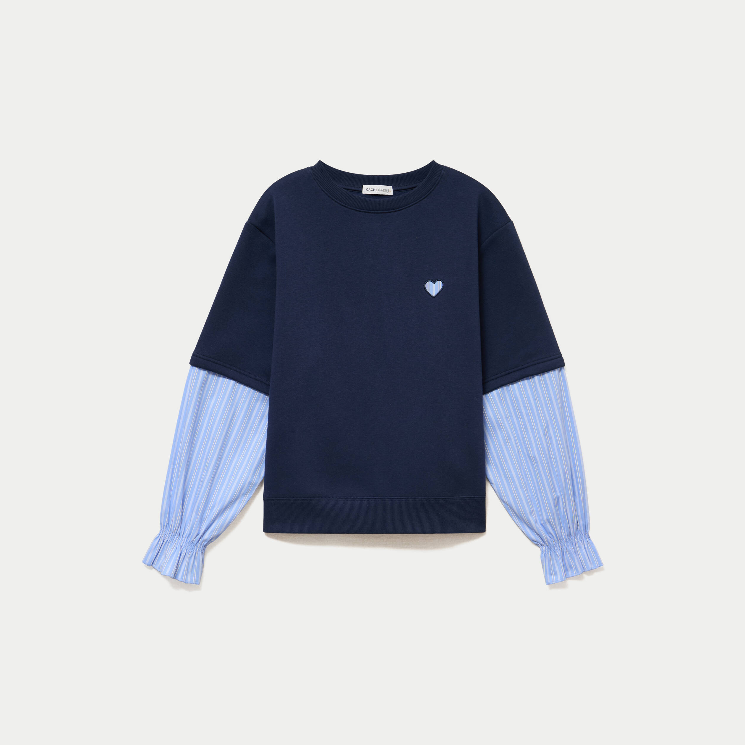 Sweat bi-mati&egrave;re manches longues bleu marine femme