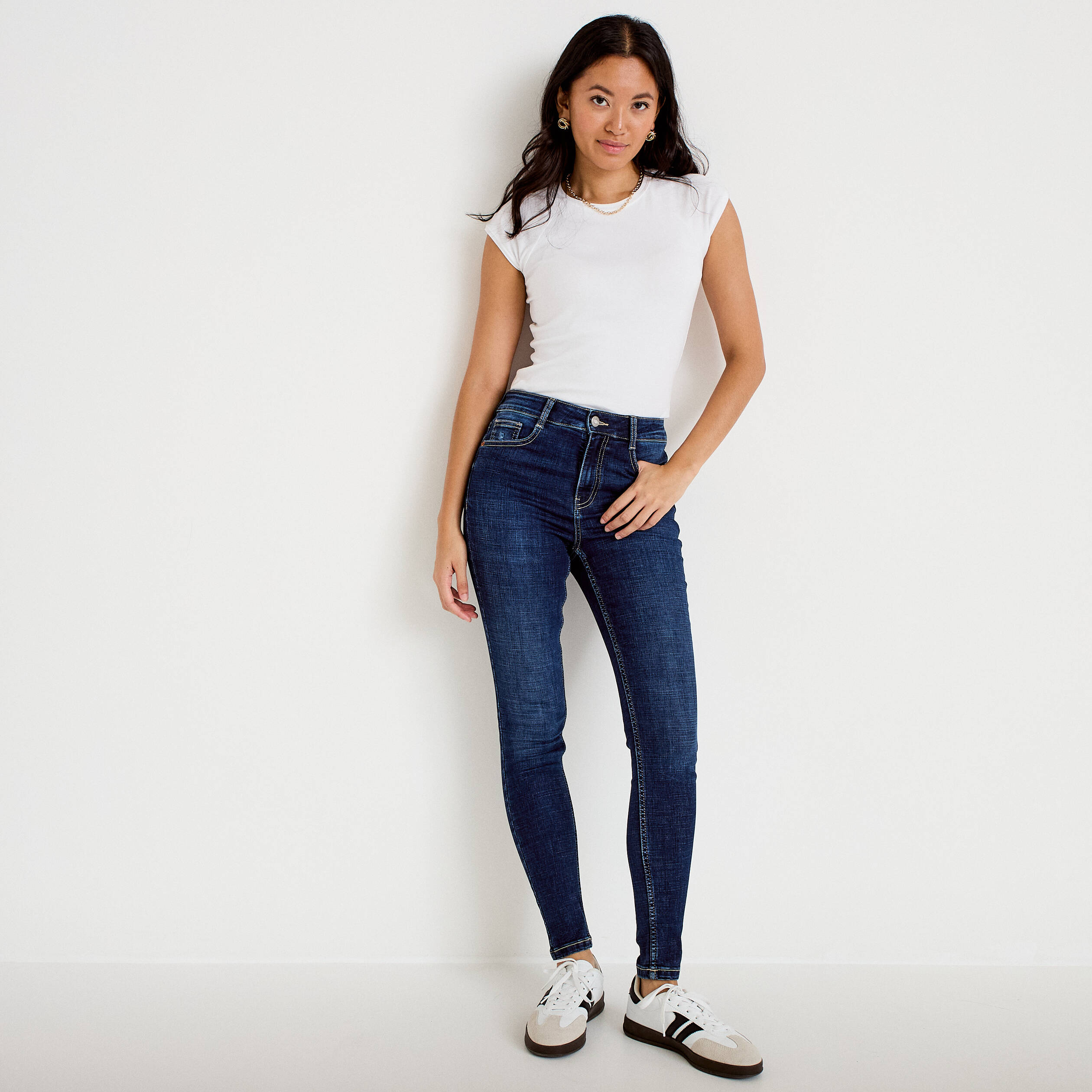 Jean skinny taille haute bleu fonc&eacute; femme