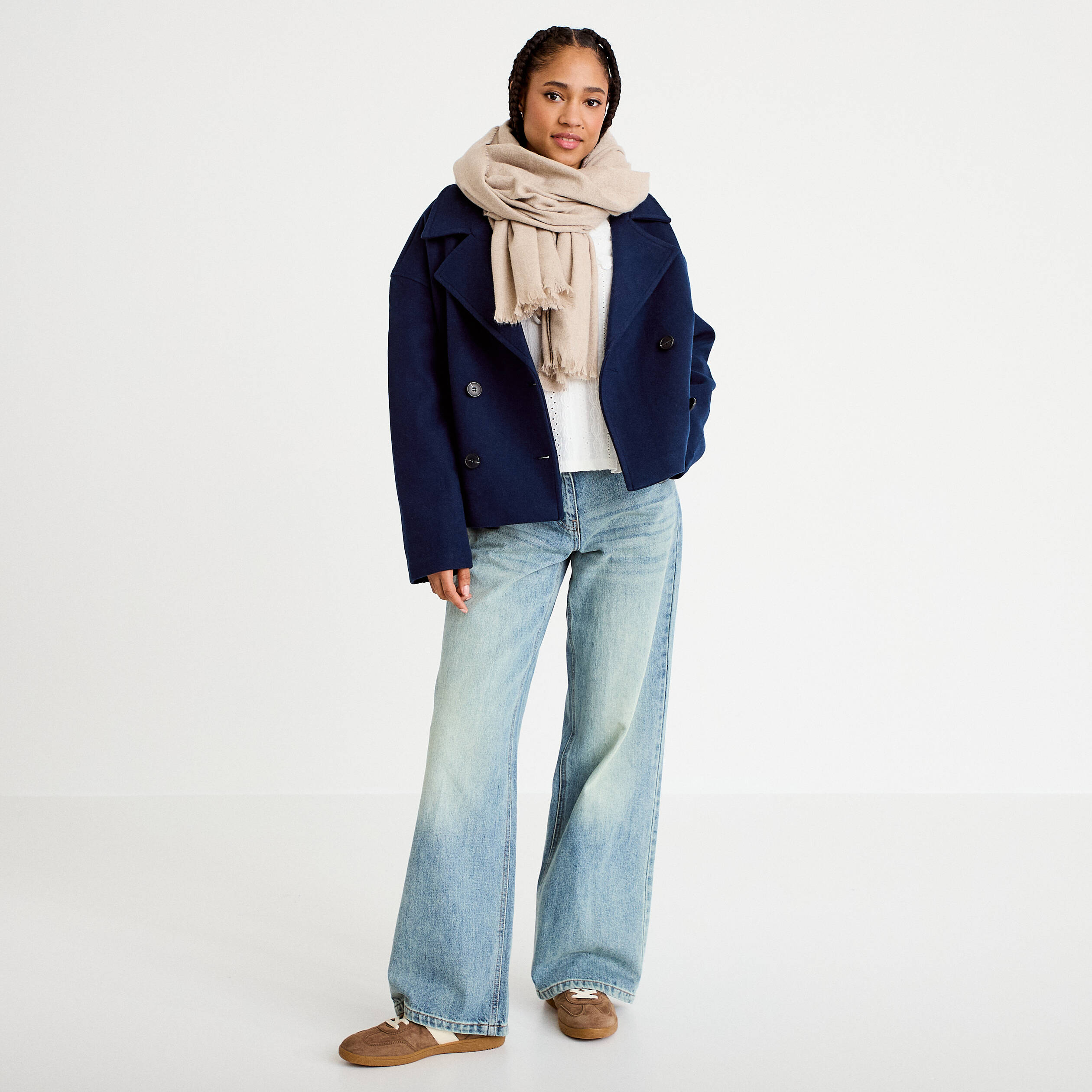 Caban court oversize col tailleur bleu marine femme