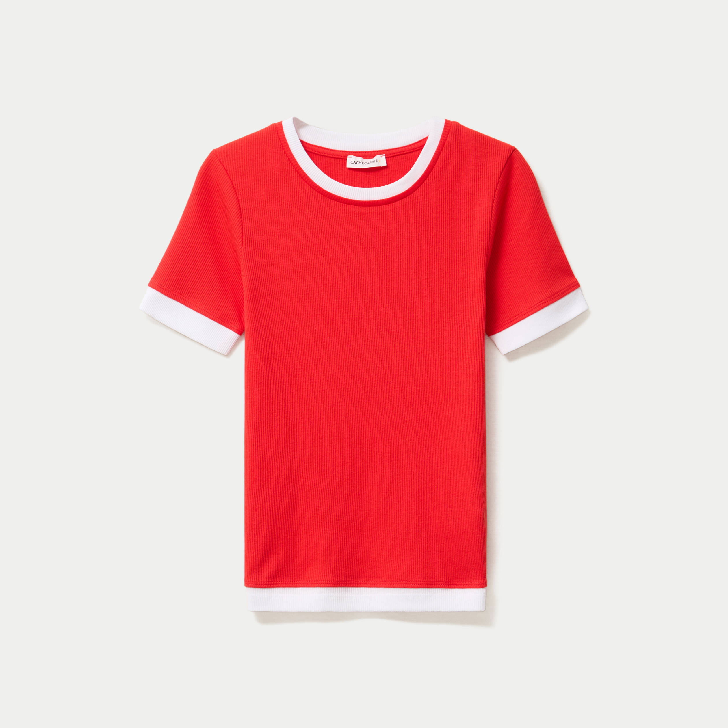 T-shirt ajust&eacute; col rond manches courtes rouge femme
