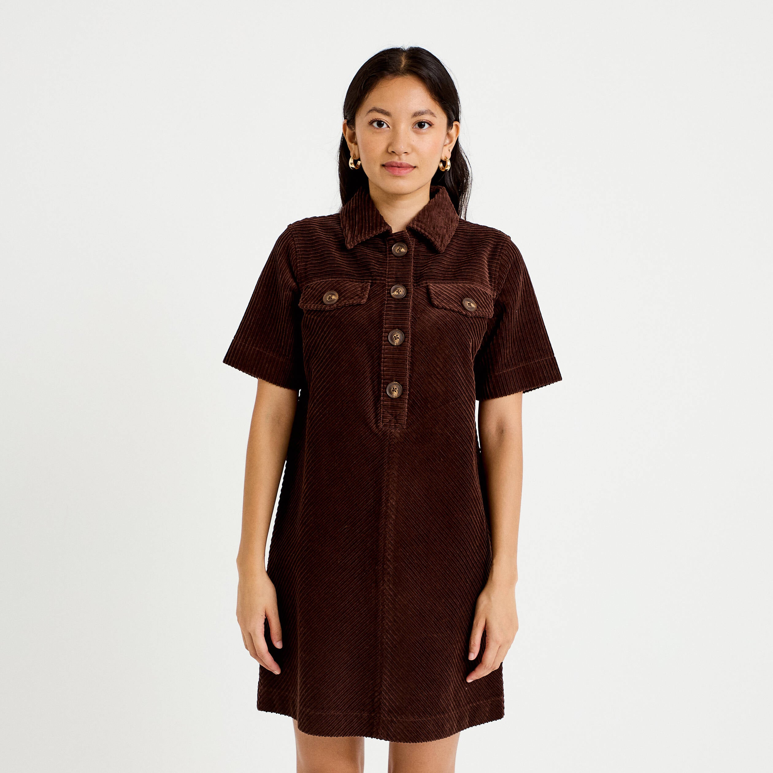Robe courte droite en velours coton marron fonc&eacute; femme