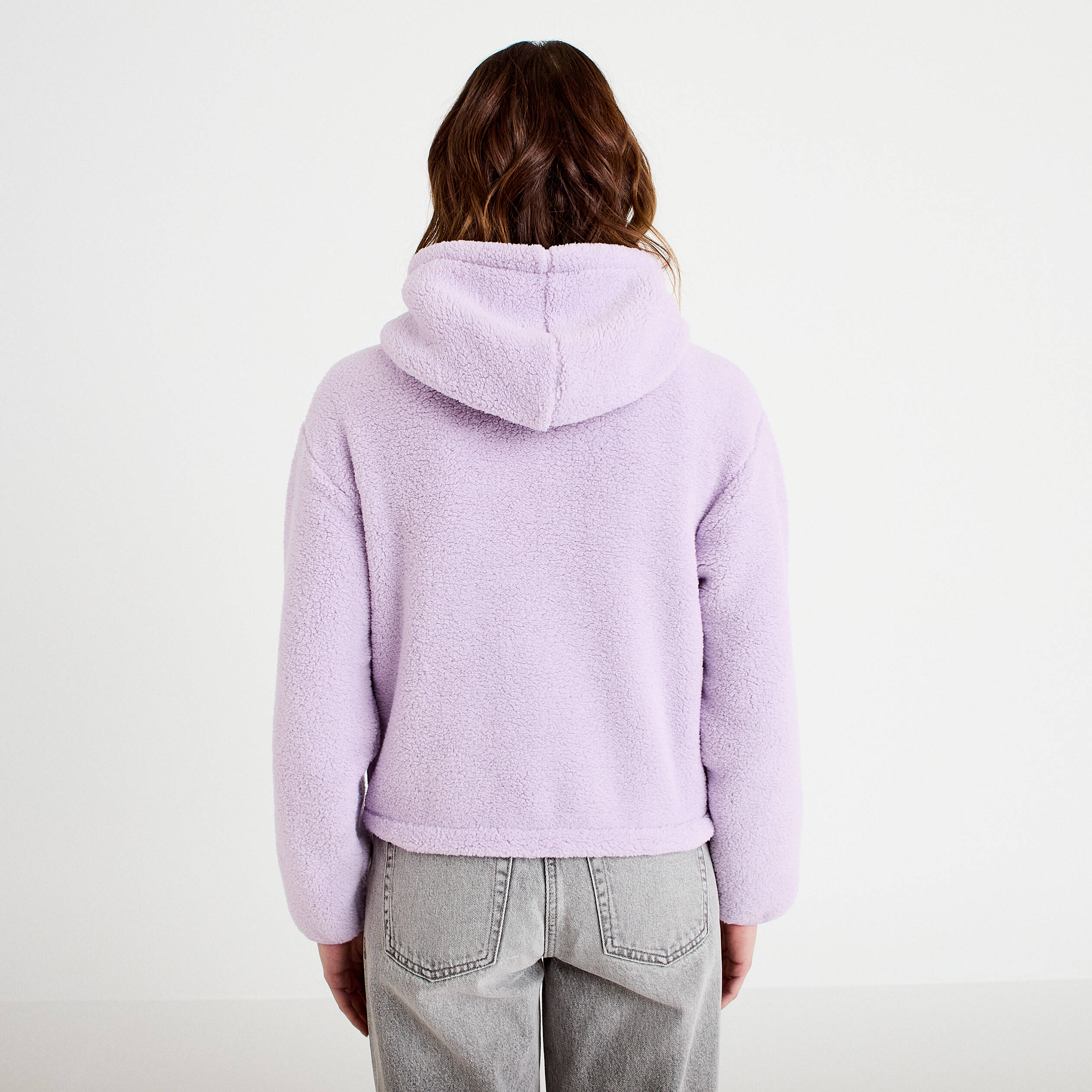 Veste effet polaire &agrave; capuche parme femme