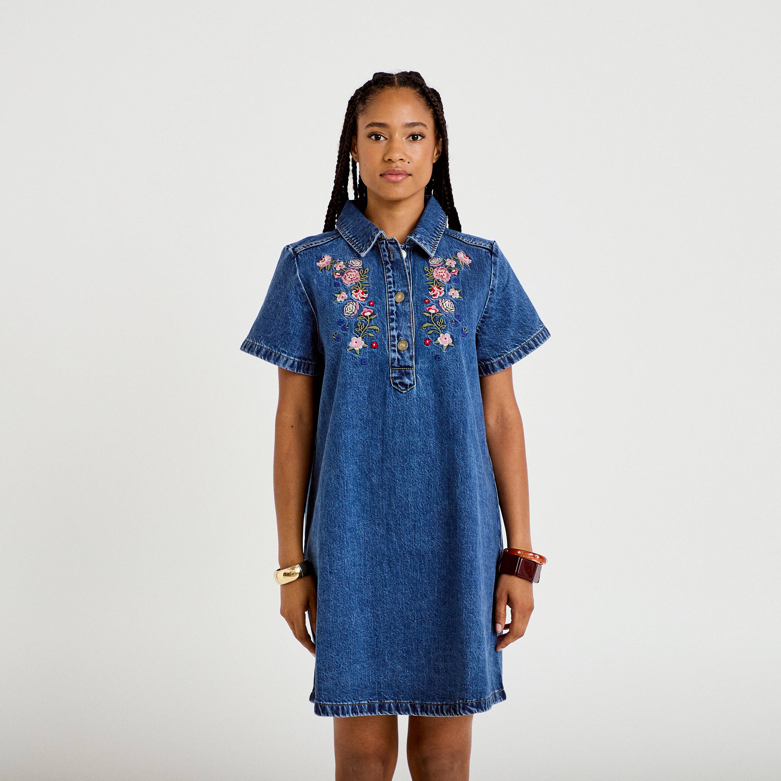 Robe droite courte en jean col chemise denim stone femme