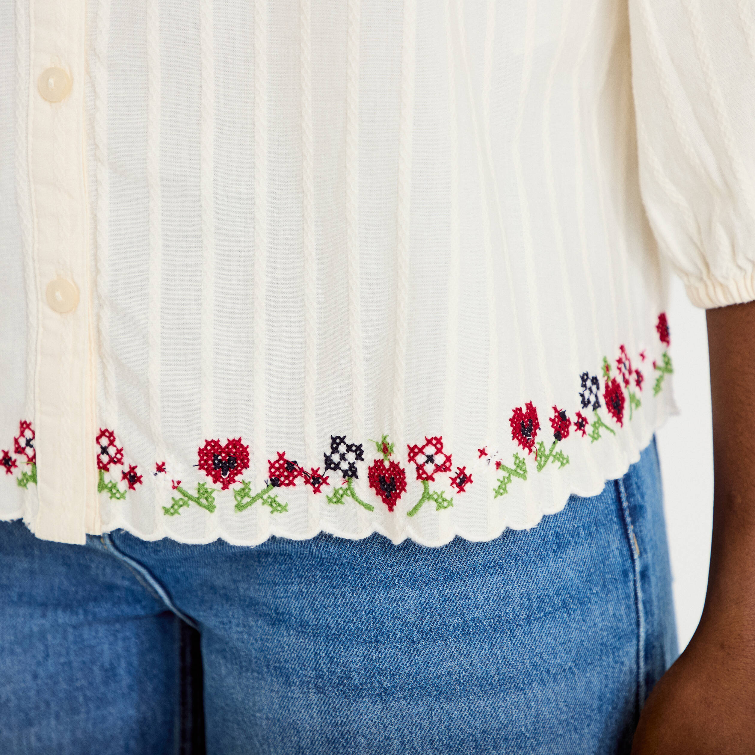 Blouse broderie col v manches 3/4 ecru femme