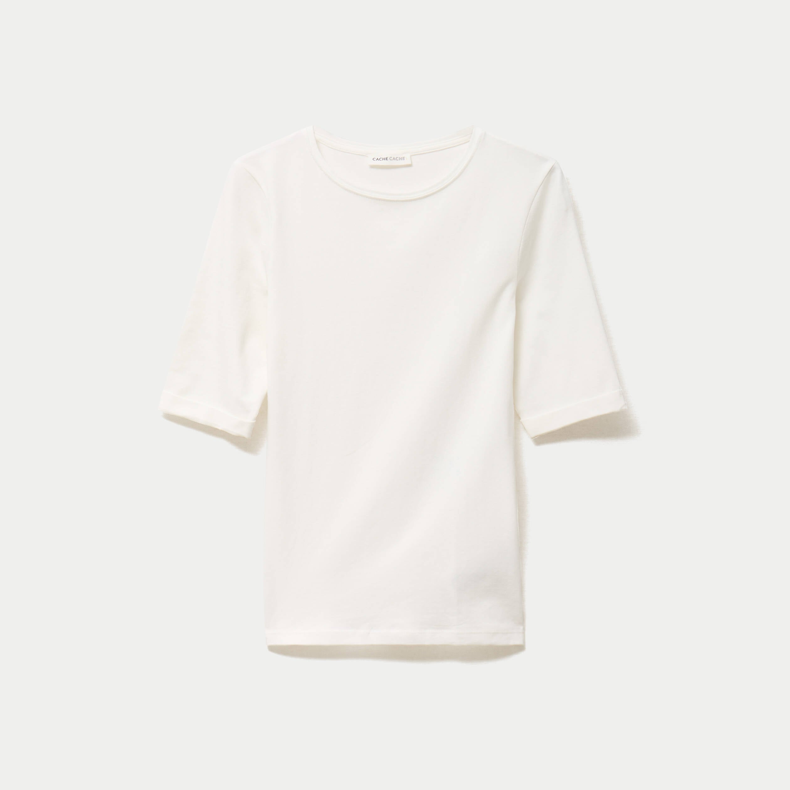 T-shirt ajust&eacute; col rond manches courtes ecru femme