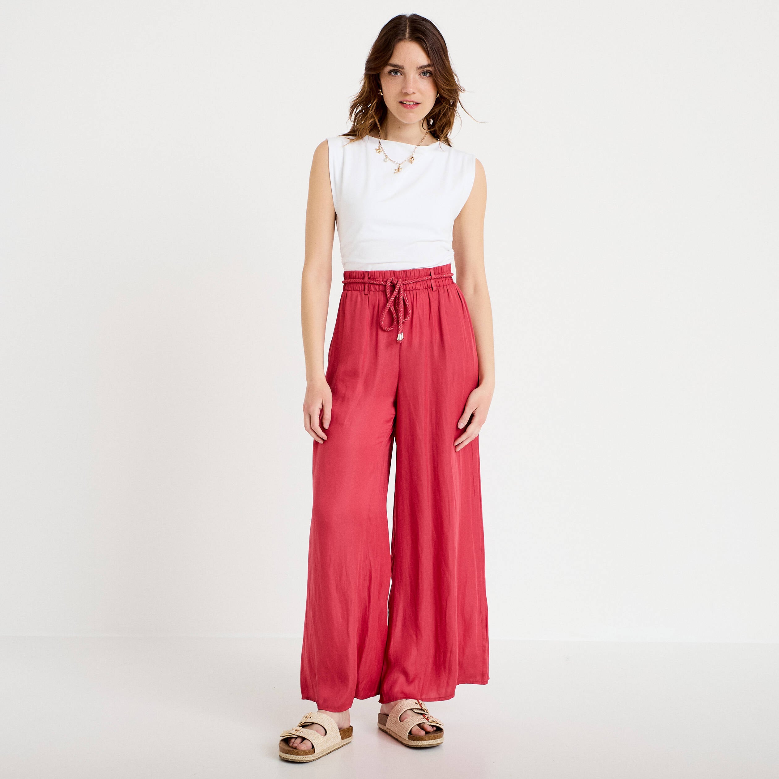 Pantalon large taille standard rose framboise femme