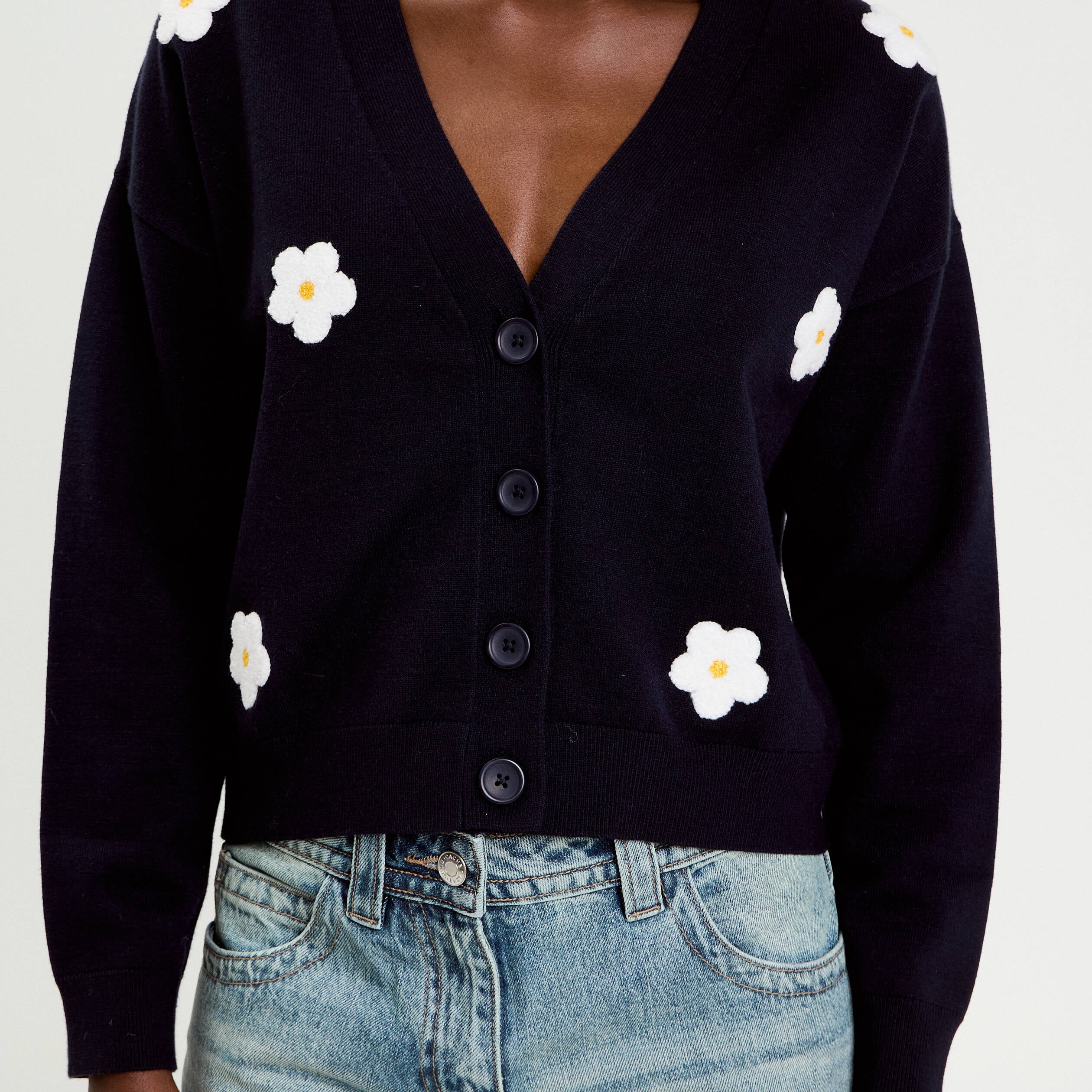 Gilet brod&eacute; col v bleu marine femme