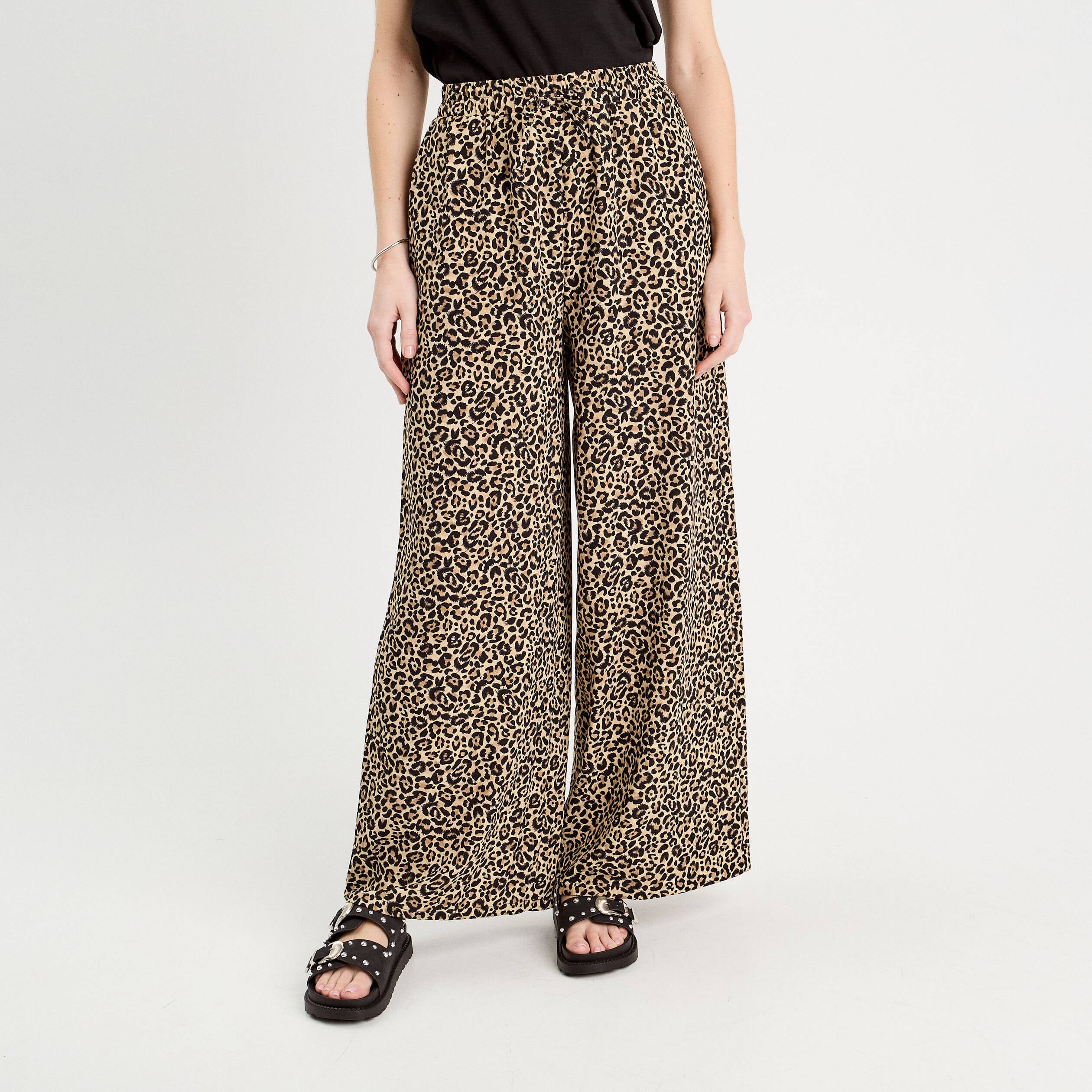 Pantalon large fluide beige femme