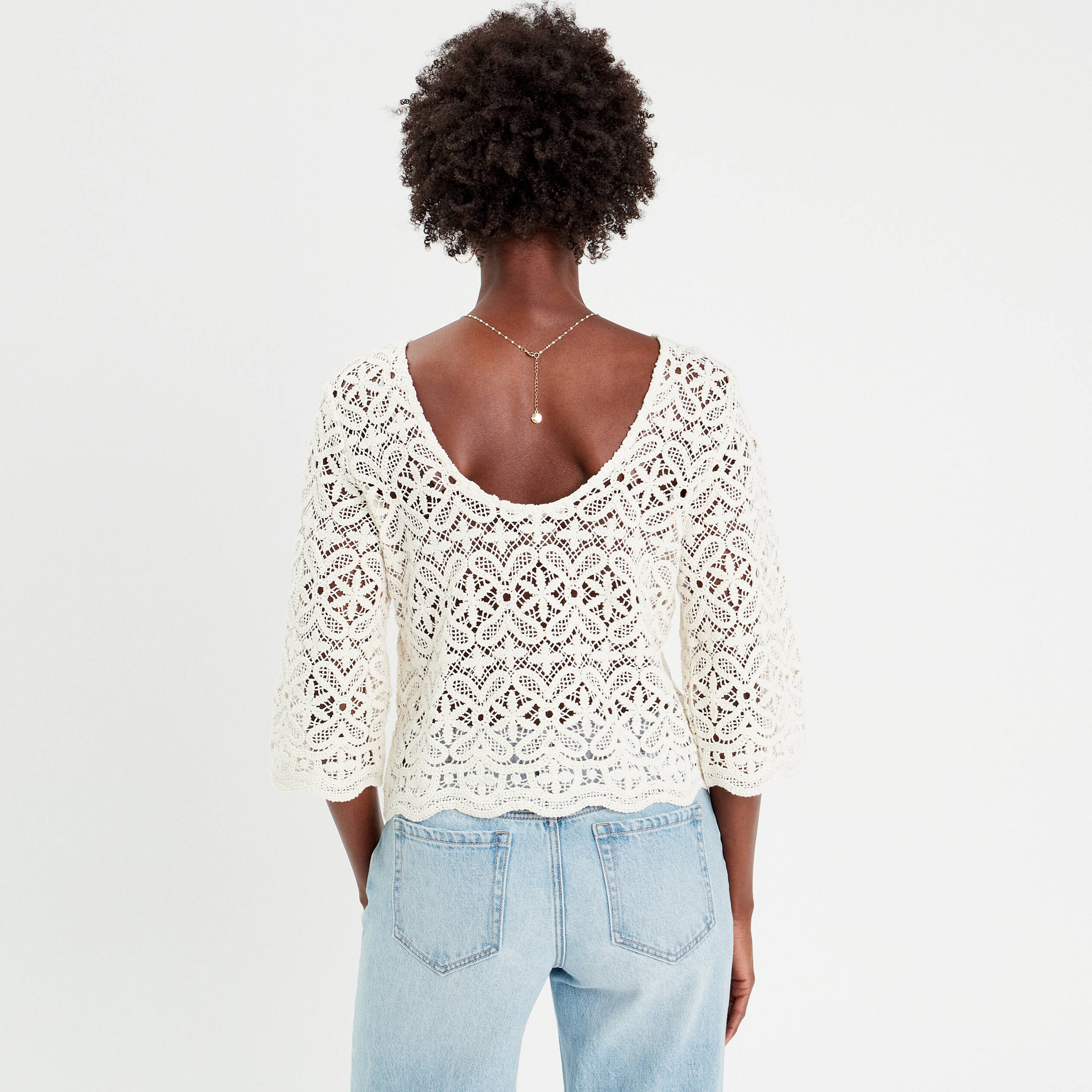 T-shirt manches 3/4 macram&eacute; ecru femme