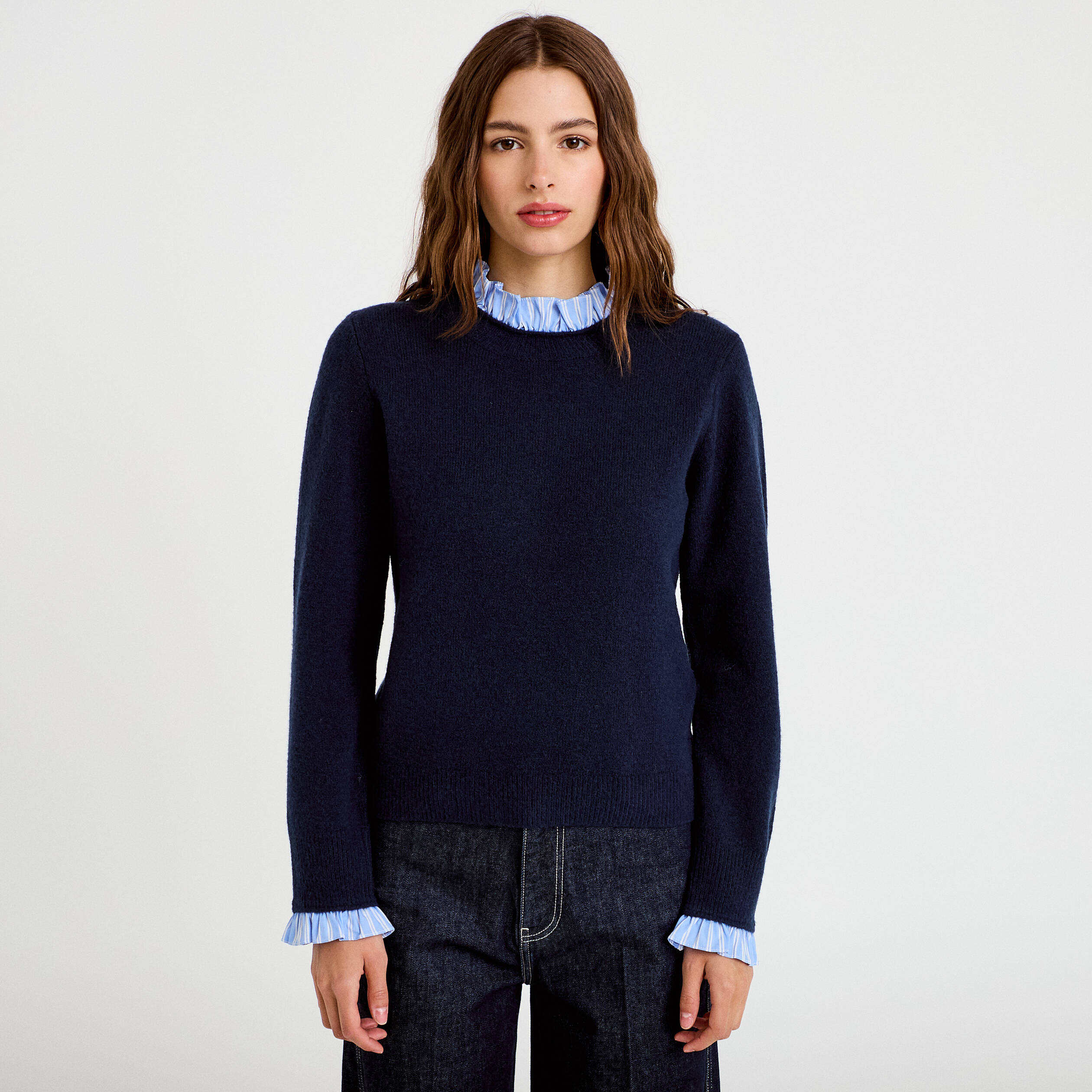 Pull col chemise manches longues bleu marine femme