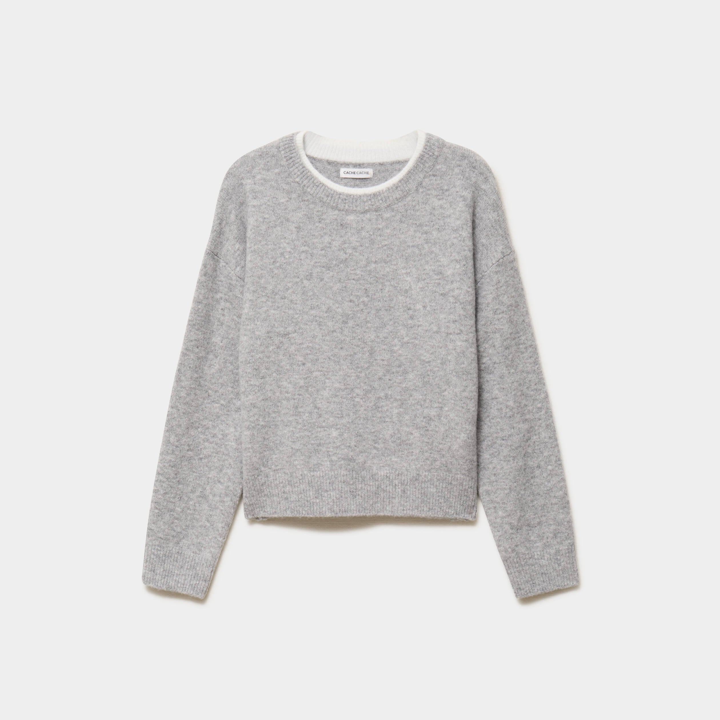 Pull col rond manches longues gris clair femme