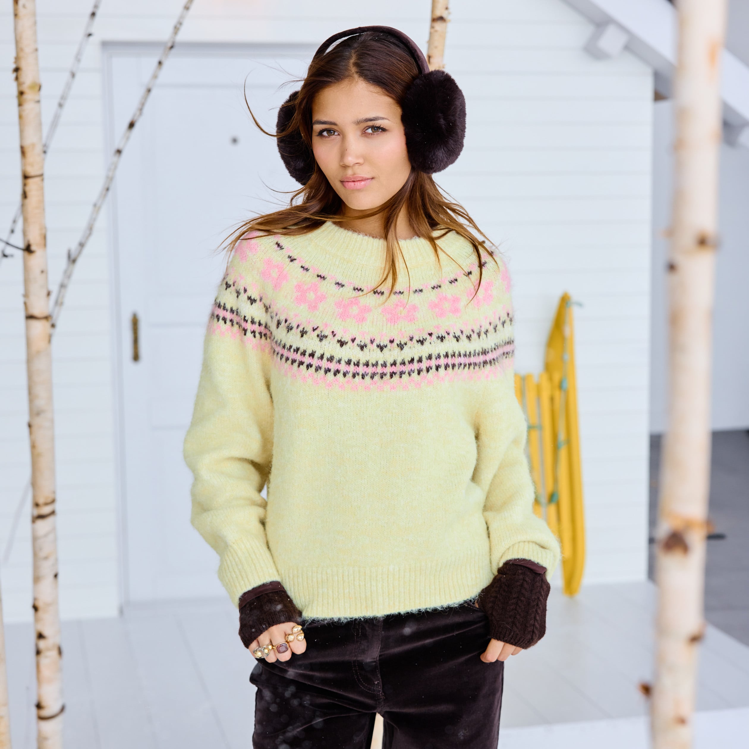 Pull col rond manches longues jaune clair femme