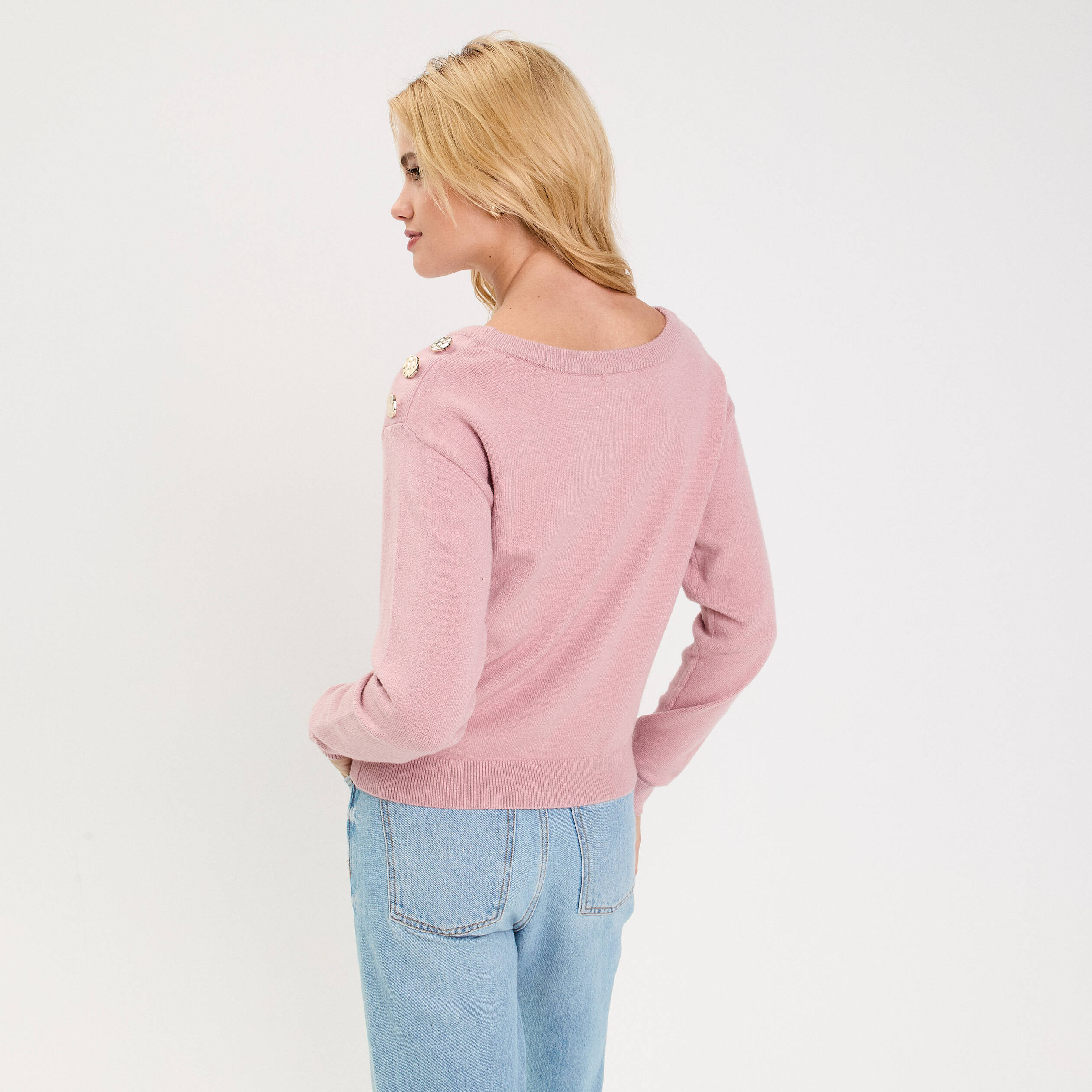 Pull fin col rond manches longues rose poudr&eacute;e femme