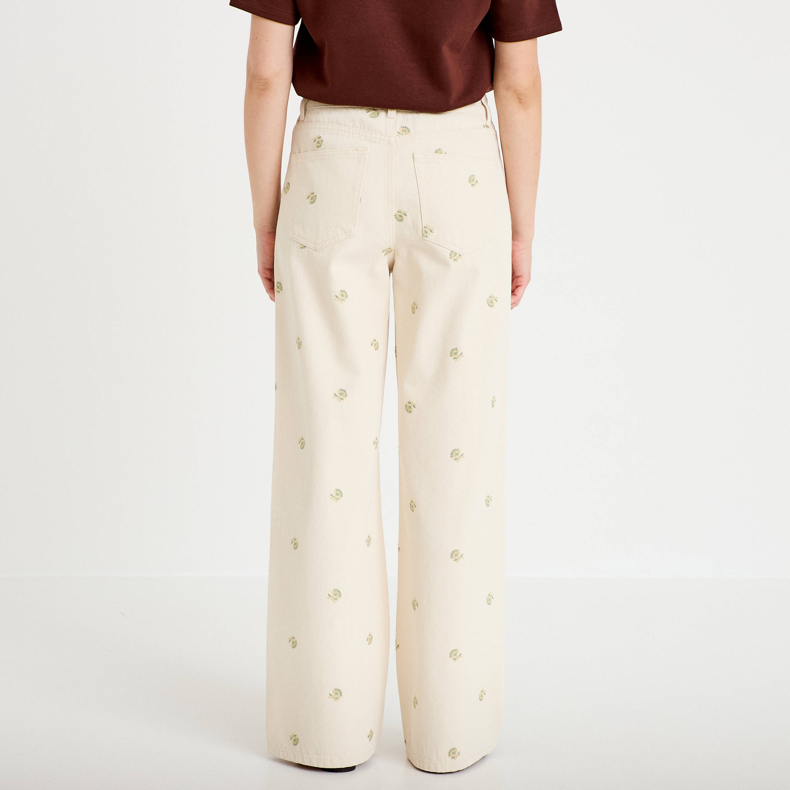 Jean wide leg broderie taille haute denim blanc femme