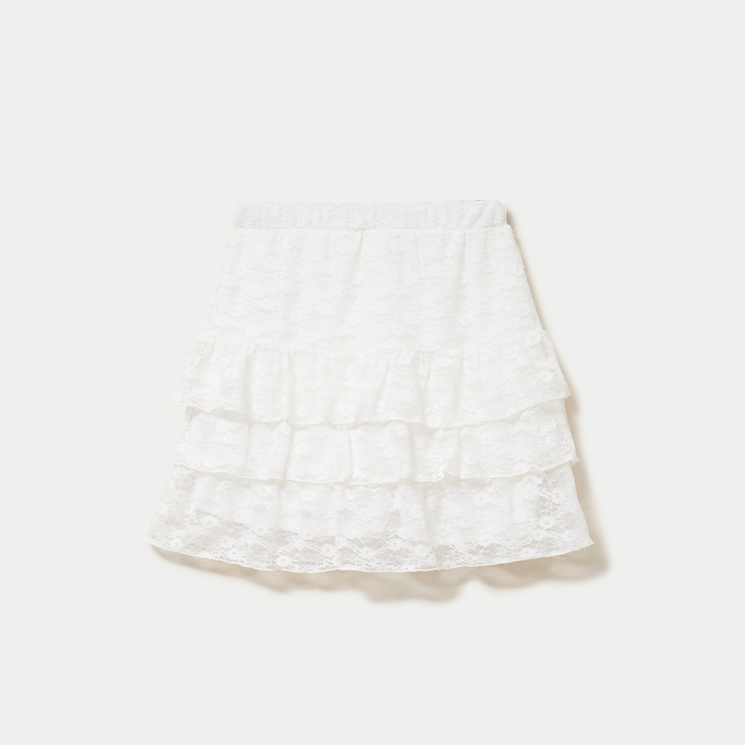 Jupe courte trap&egrave;ze en dentelle ecru femme