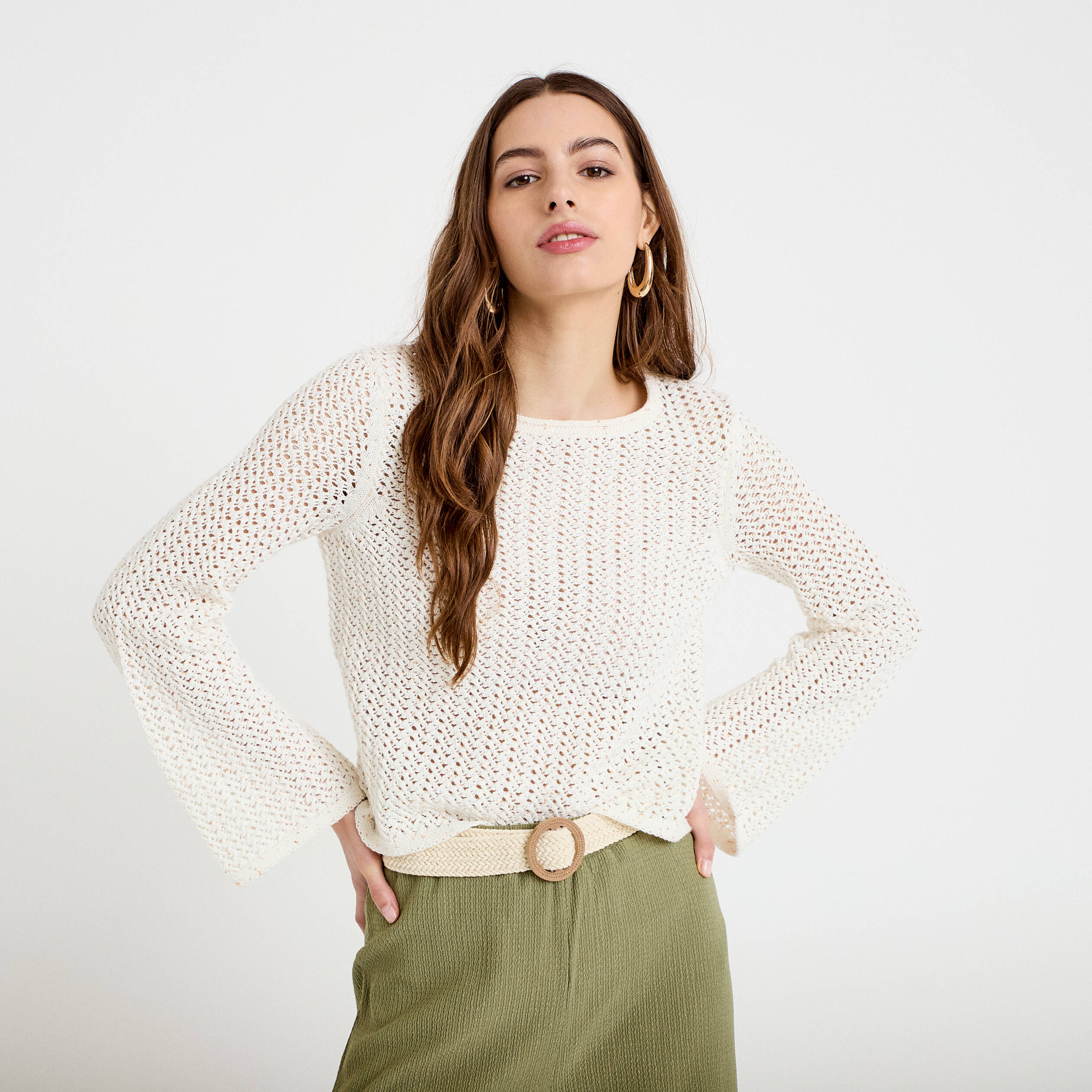 Pull ajour&eacute; manches longues dentelle ecru femme