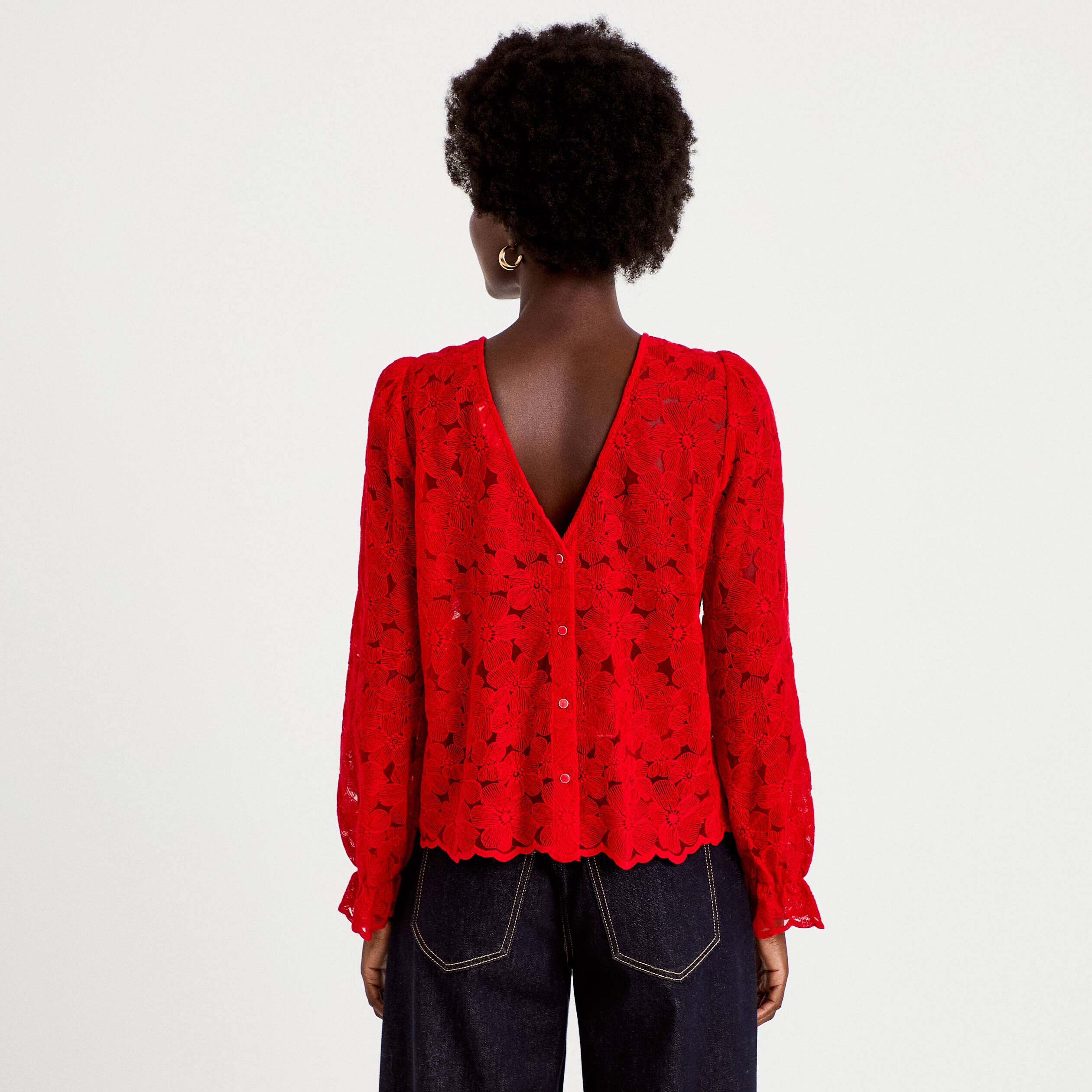 Blouse en dentelle d&eacute;collet&eacute; dos rouge femme