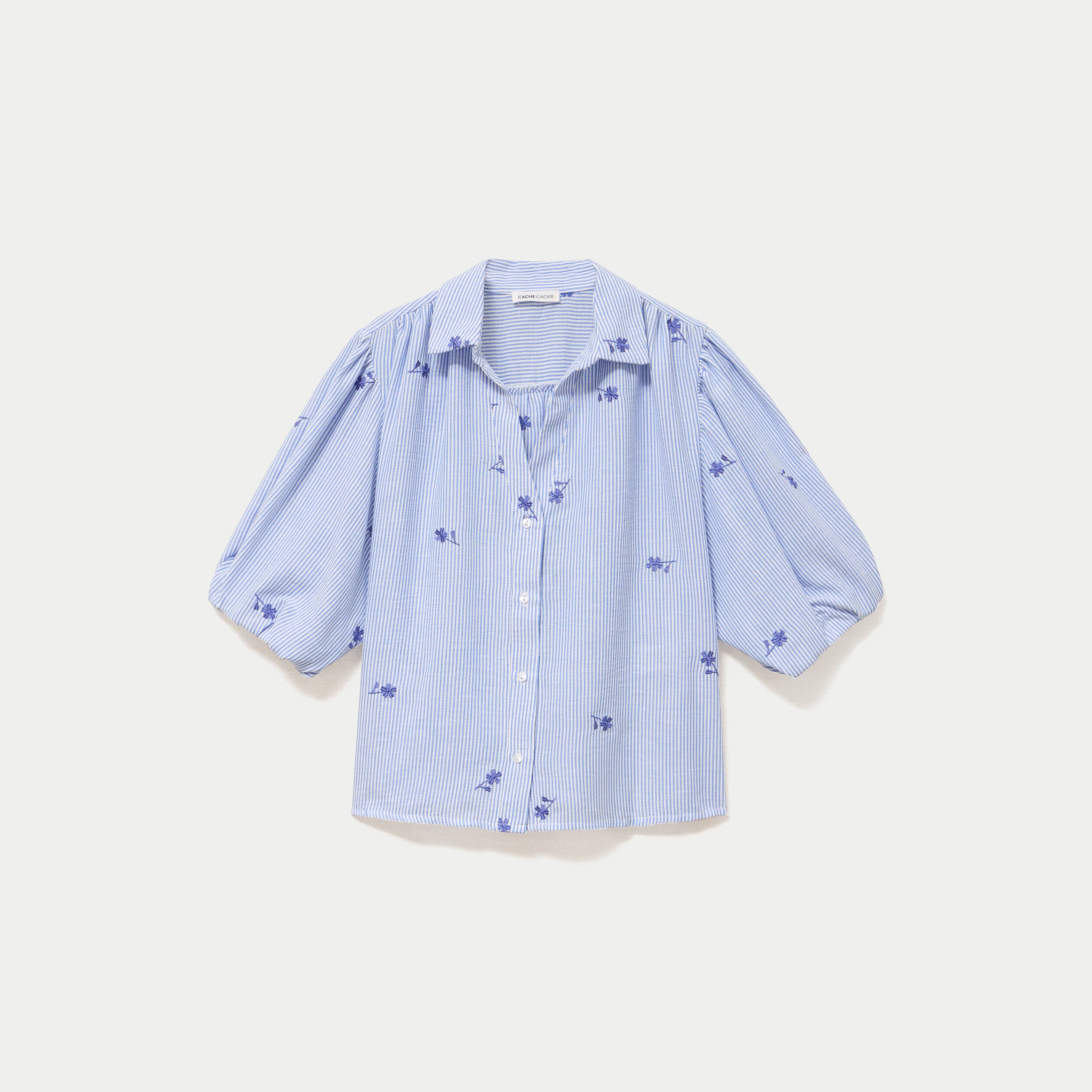 Chemise droite col classique manches 3/4 bleu clair femme