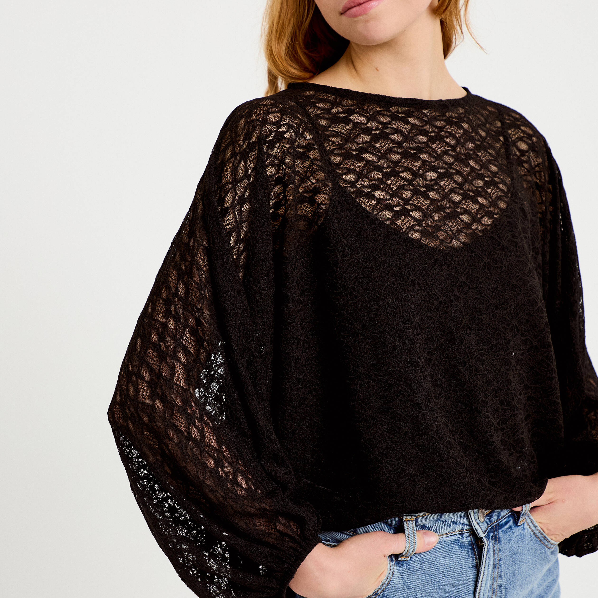 Blouse dentelle col rond manches longues noir femme