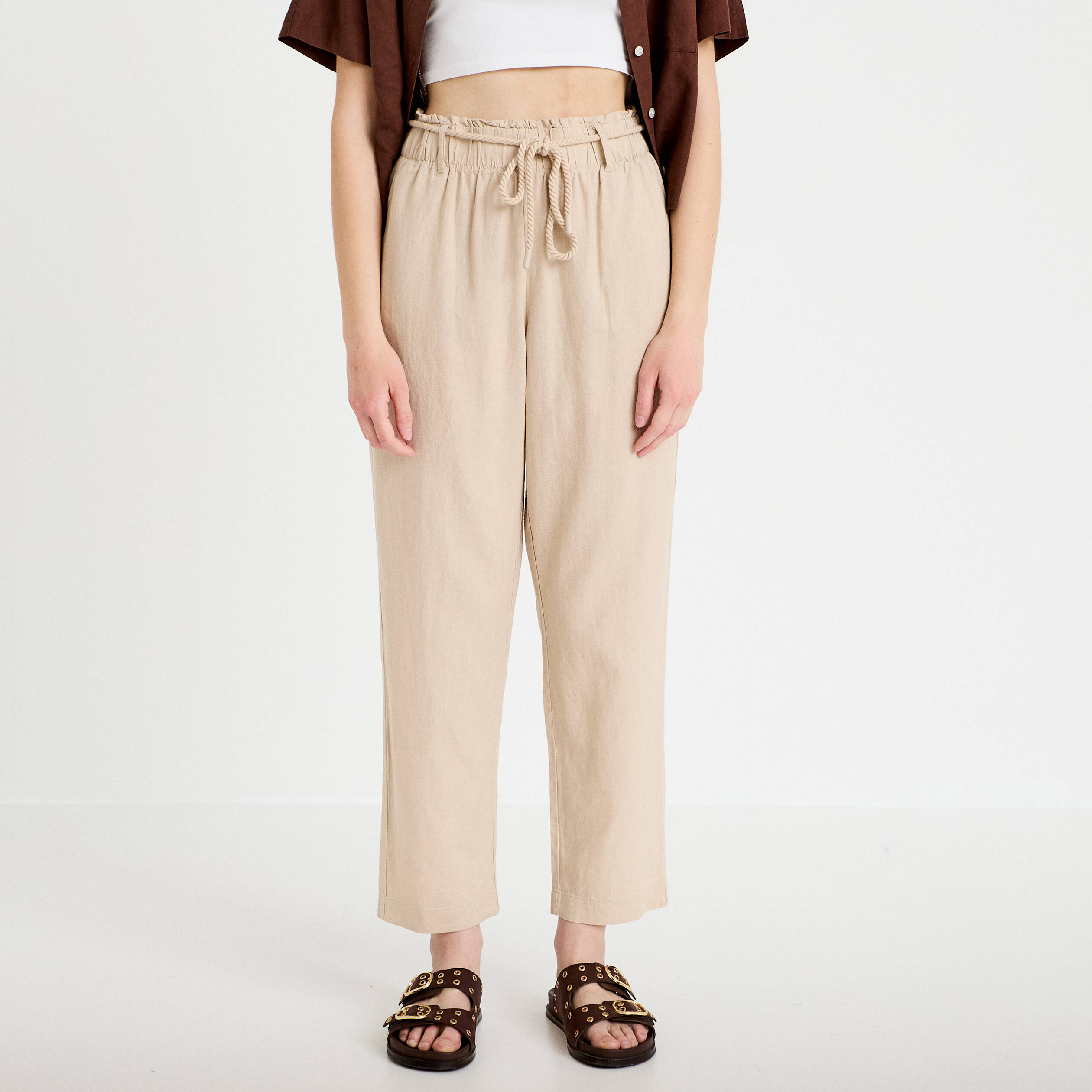 Pantalon large 7/8&egrave;me taille haute sable femme
