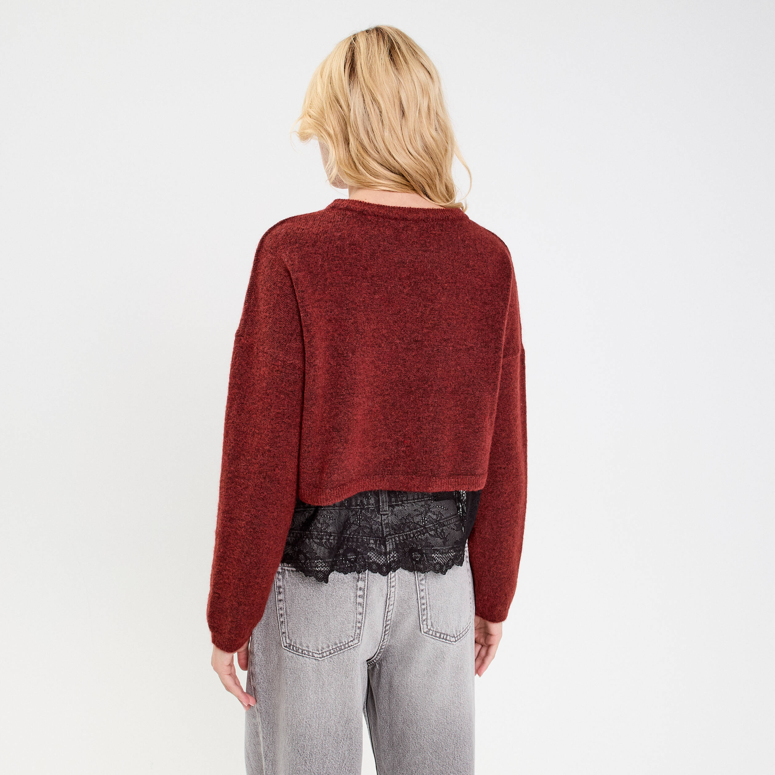 Pull d&eacute;tail dentelle orange fonc&eacute; femme