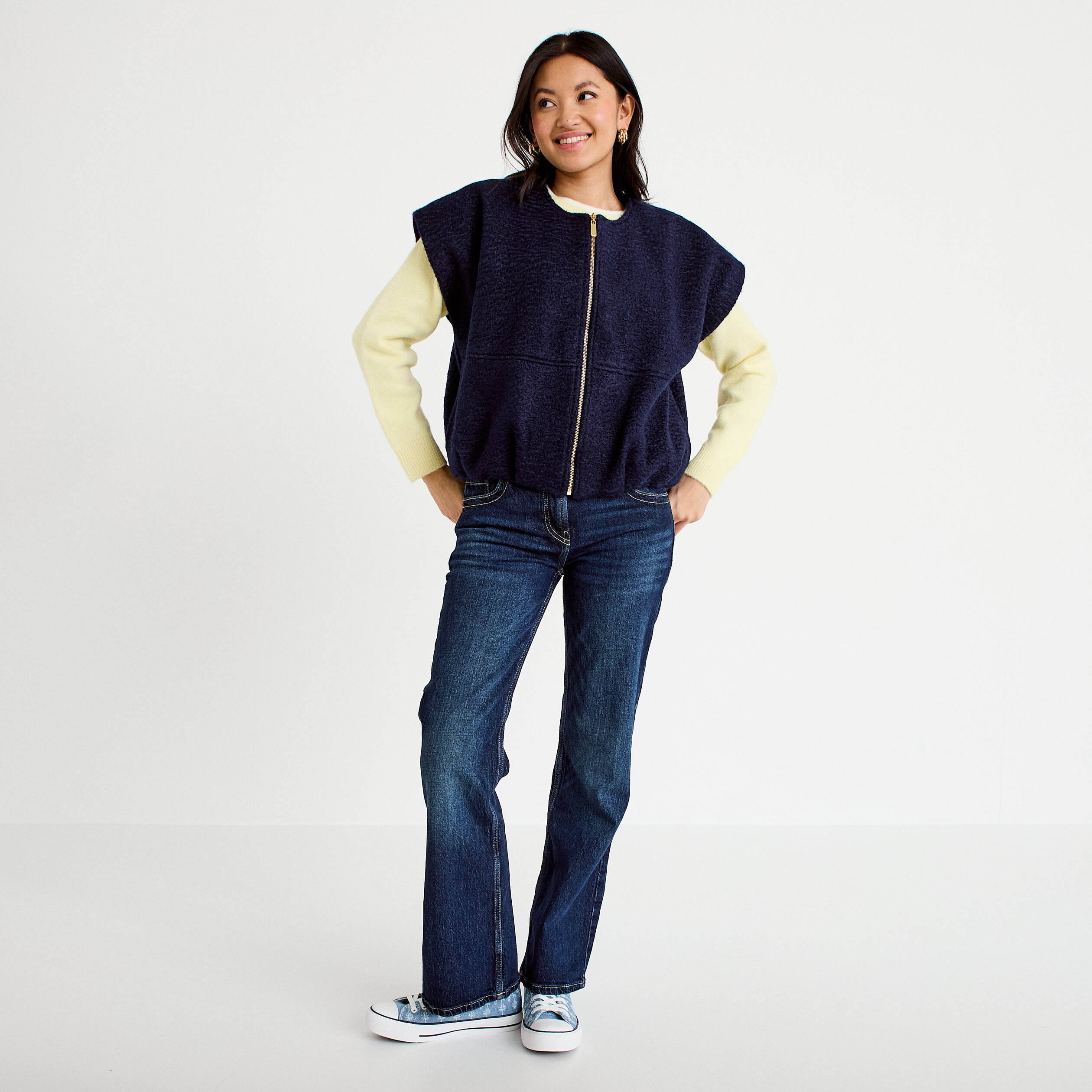 Veste oversize sans manches col rond bleu marine femme