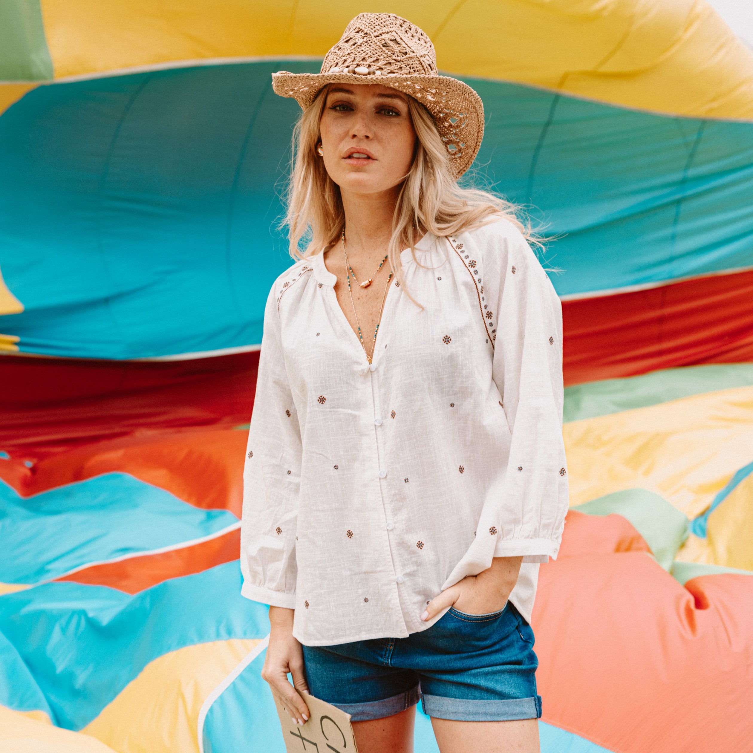 Blouse ample col tunisien manches 3/4 ecru femme
