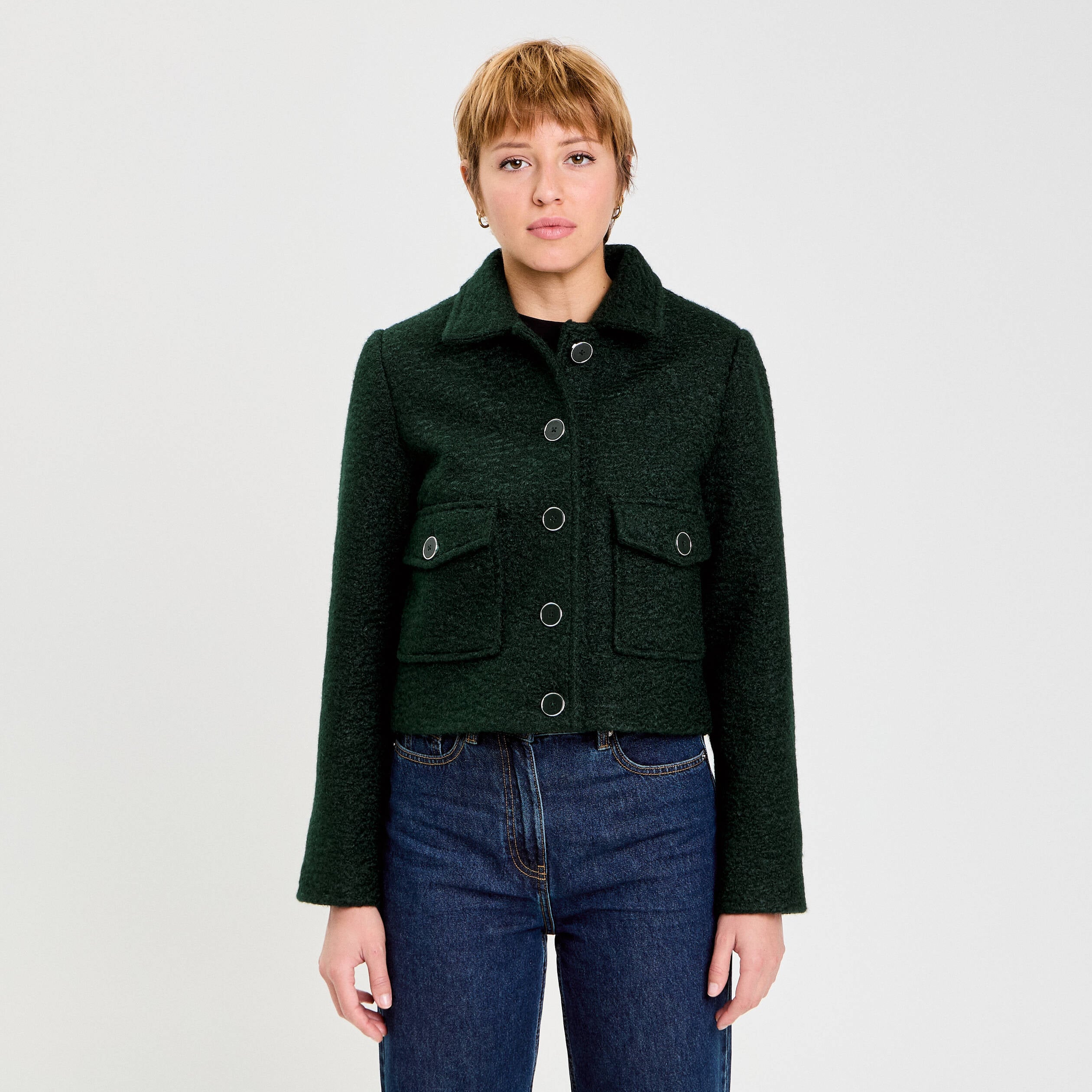 Veste bouclette boutonn&eacute;e vert fonc&eacute; femme
