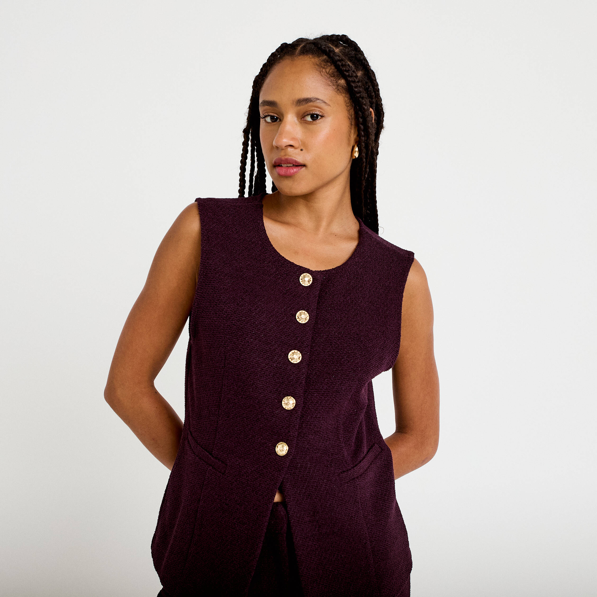 Gilet sans manches tweed violet fonc&eacute; femme