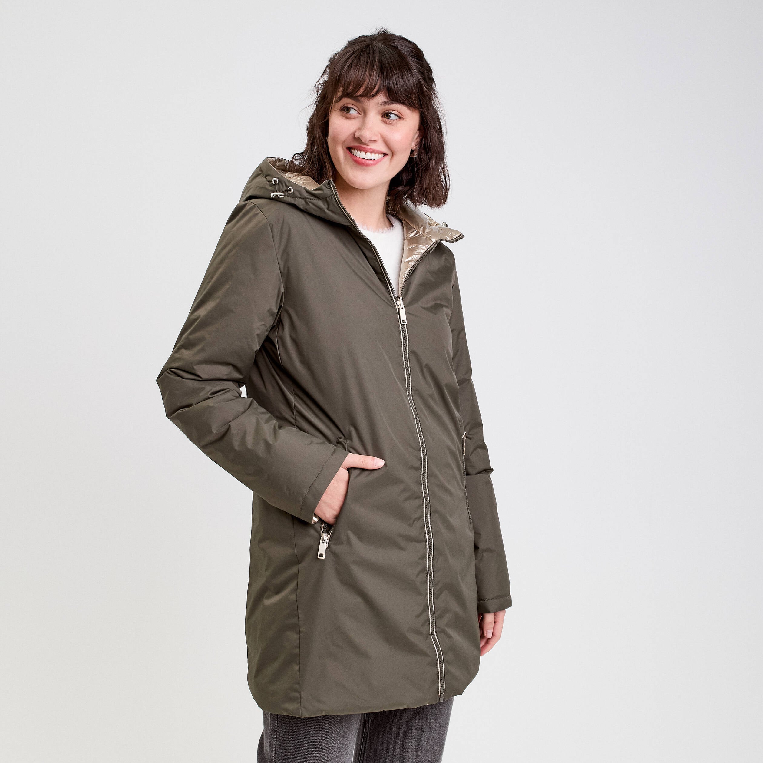 Parka &agrave; capuche r&eacute;versible vert kaki femme