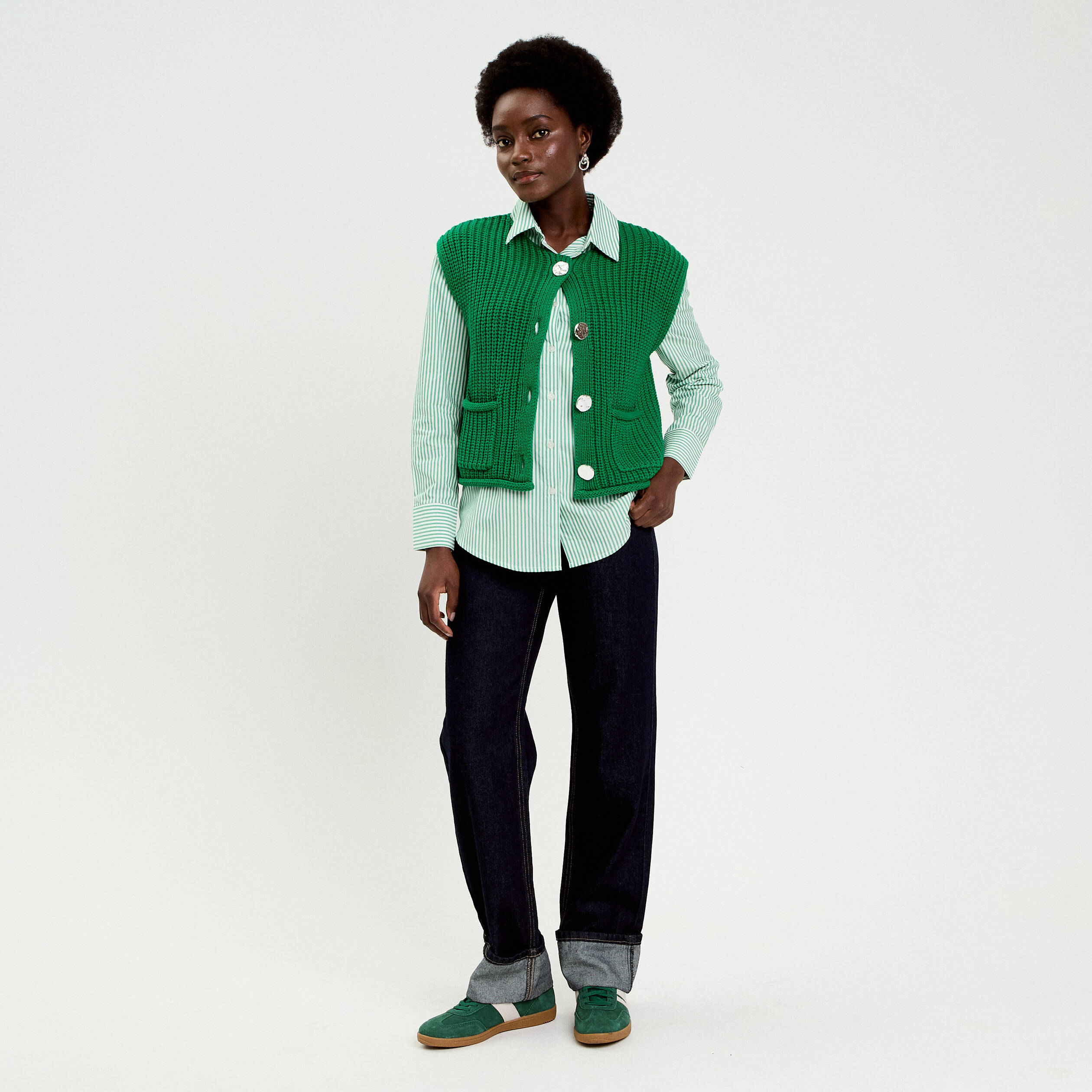Chemise ray&eacute;e broderies fantaisie vert clair femme