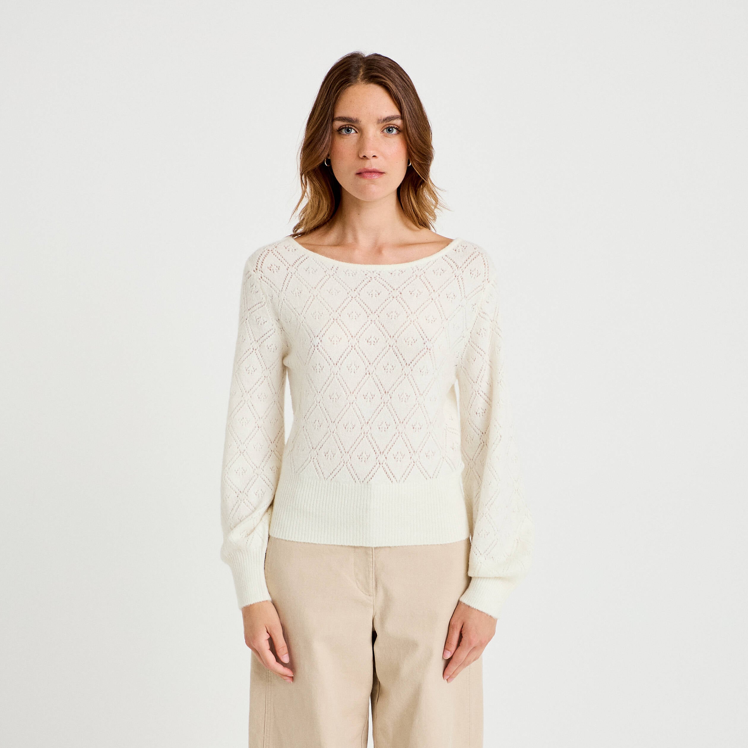 Pull ajour&eacute; col bateau manches longues ecru femme