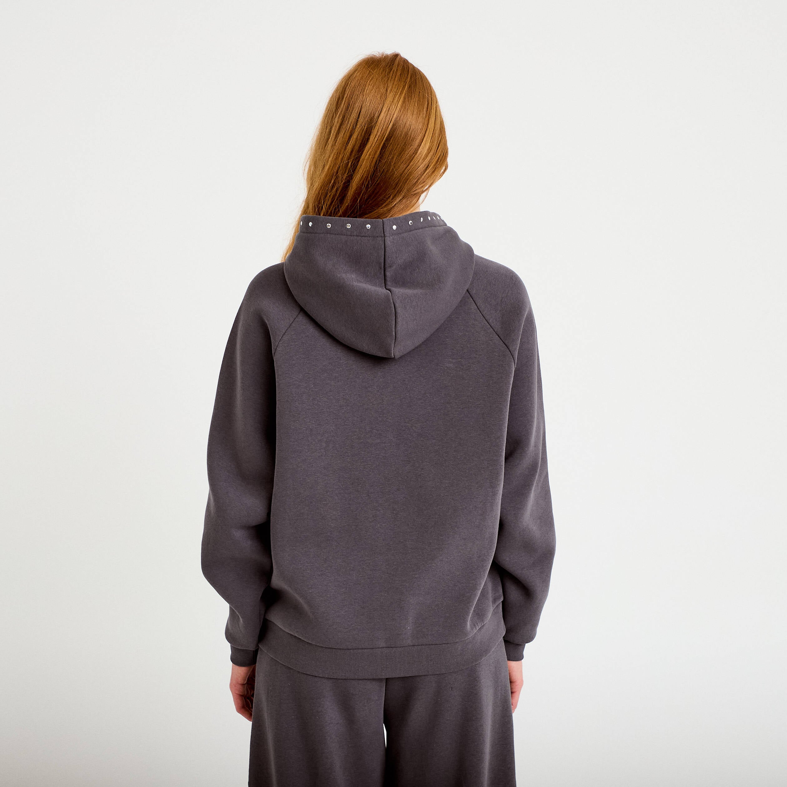 Sweat oversize &agrave; capuche manches longues gris fonc&eacute; femme