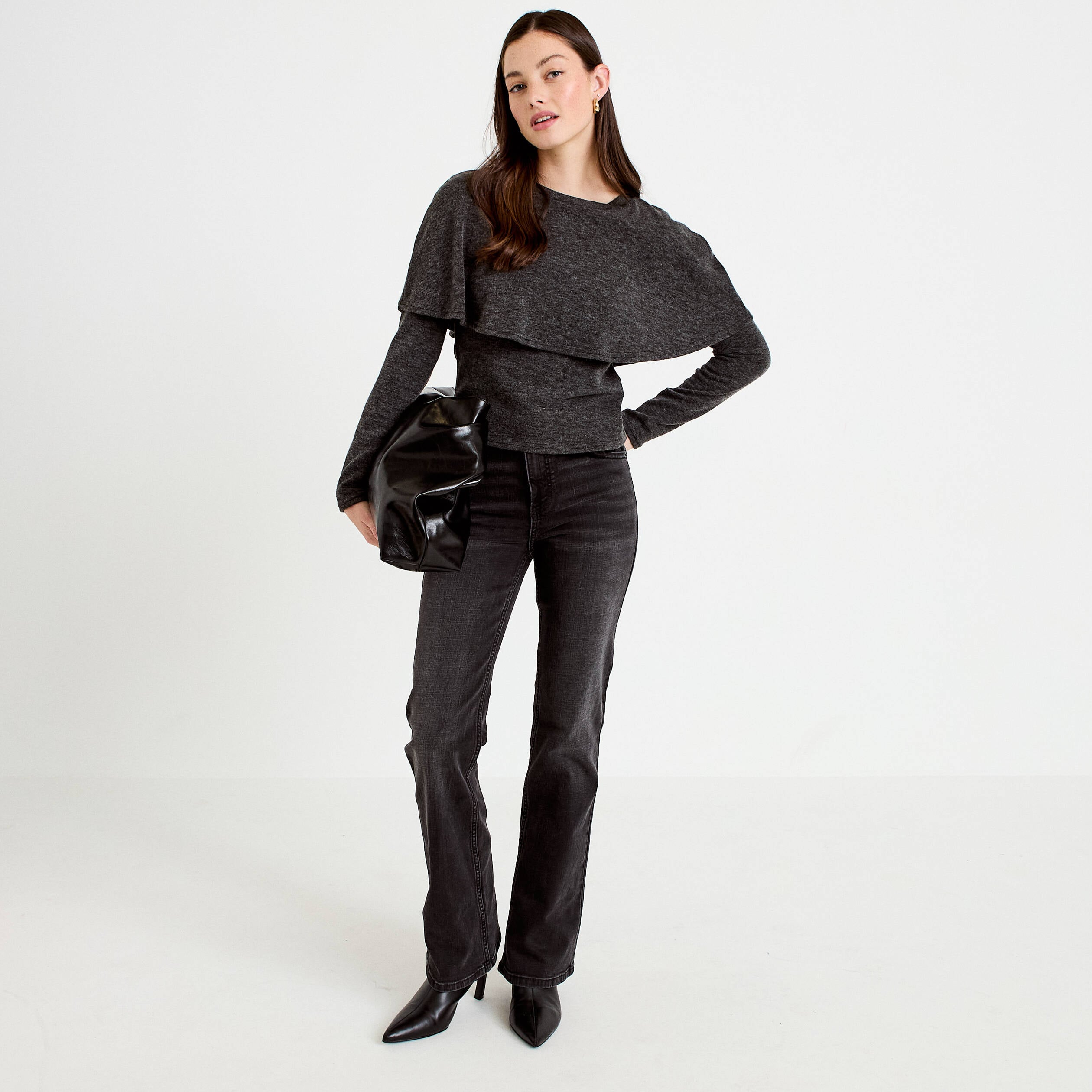 Pull cape col rond manches longues gris fonc&eacute; femme