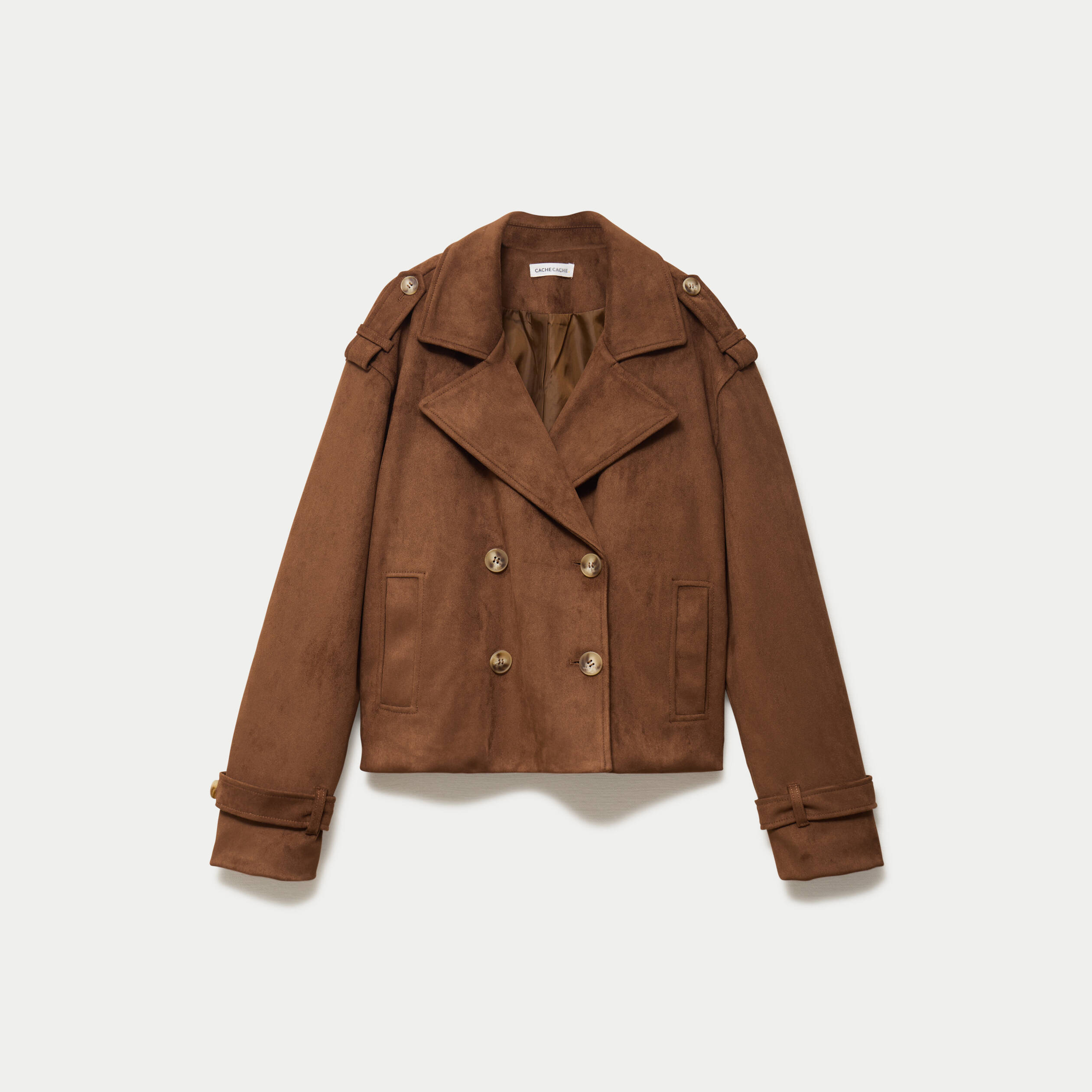 Trench droit manches longues aspect daim marron femme