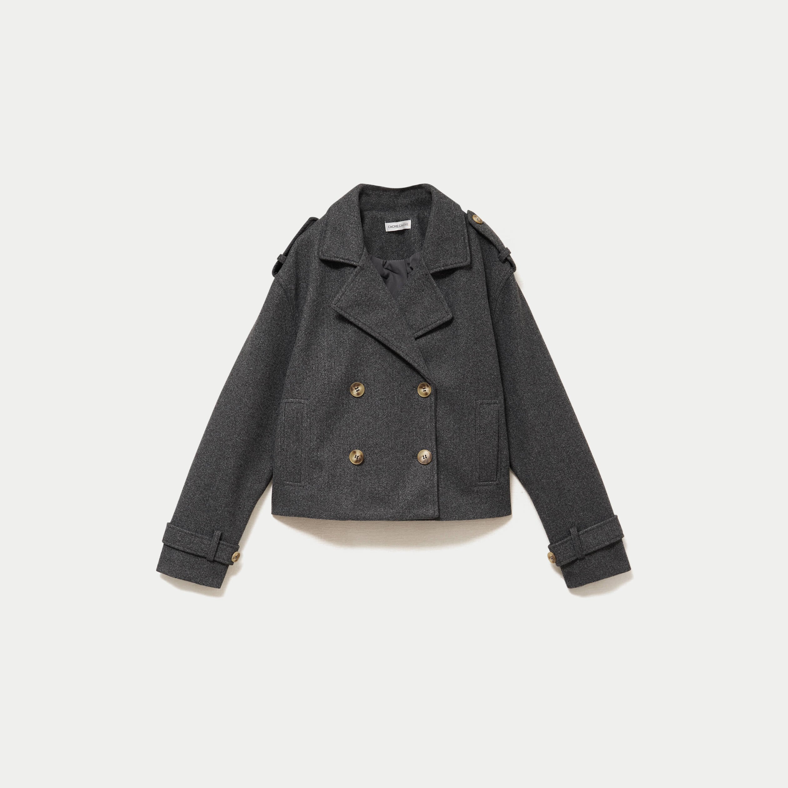 Trench droit court col tailleur gris femme