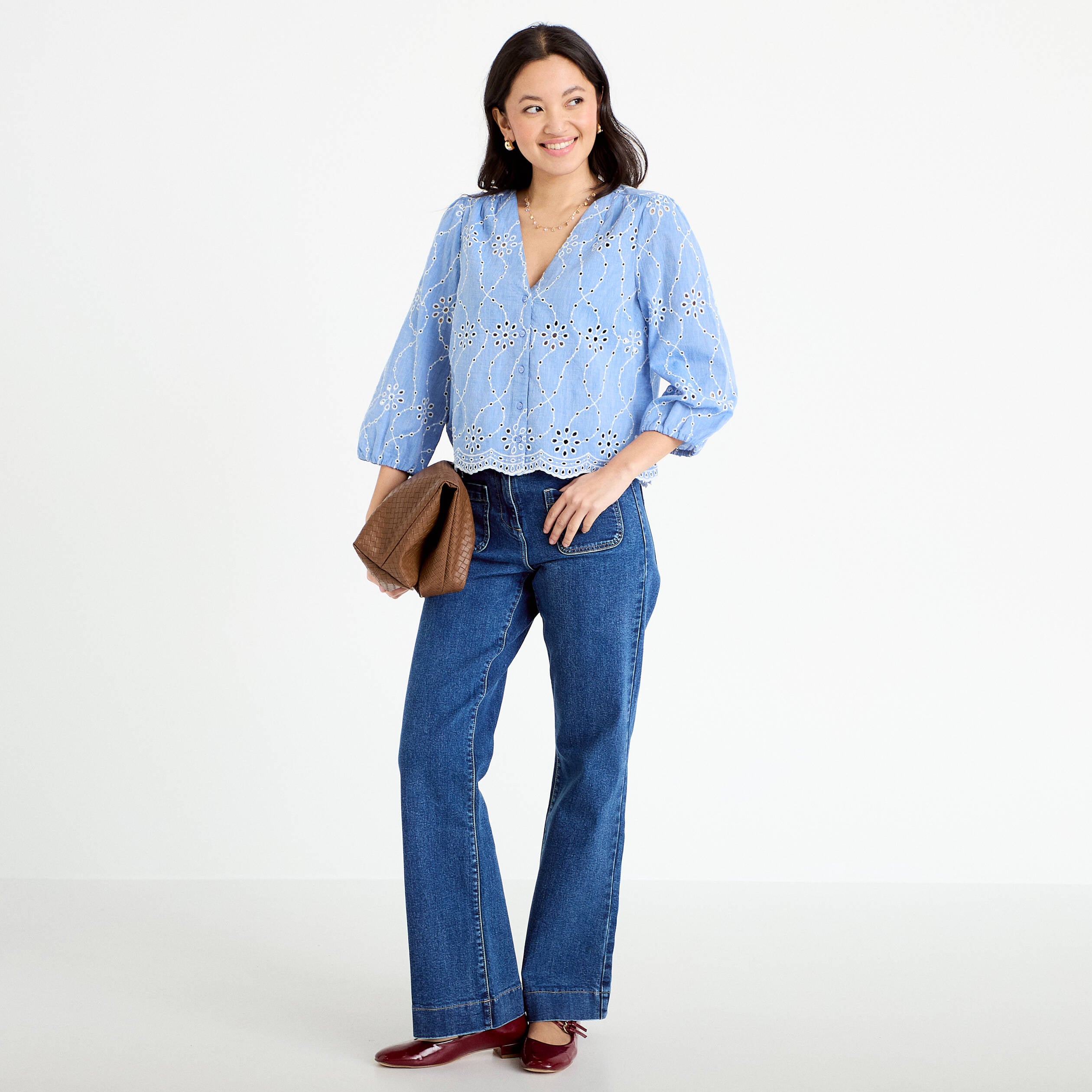 Blouse broderie anglaise bleu gris femme